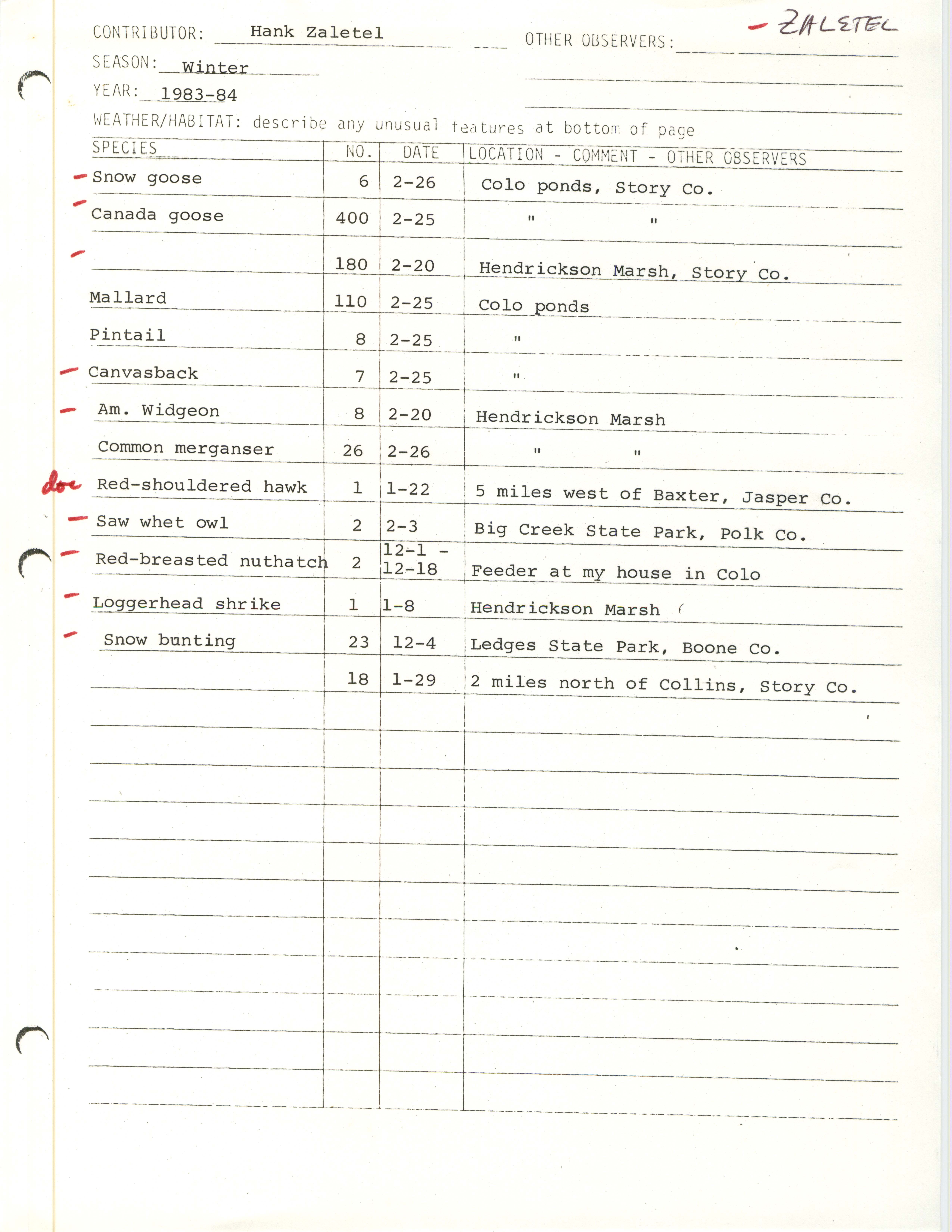 Field notes contributed by Hank Zaletel, winter 1983-1984