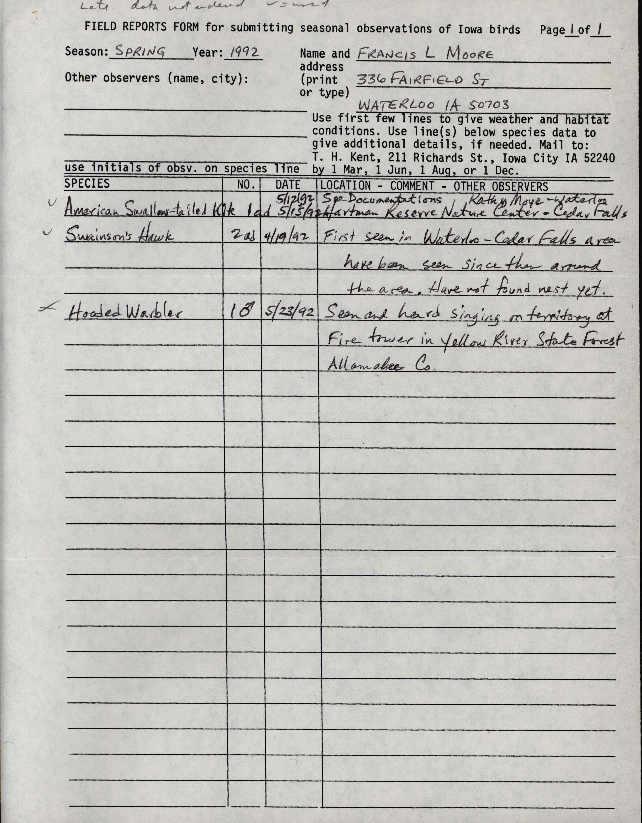 Field reports form for submitting seasonal observations of Iowa birds, Francis L. Moore, spring 1992