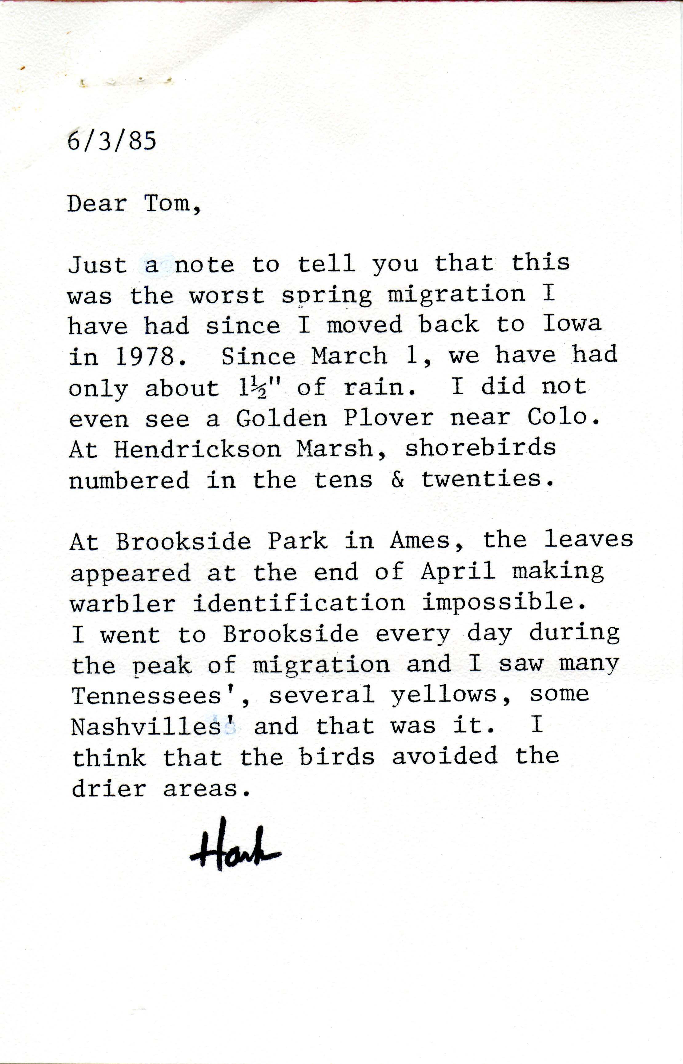 Hank Zaletel letter to Thomas H. Kent regarding poor spring migration, June 3, 1985, with accompanying field notes