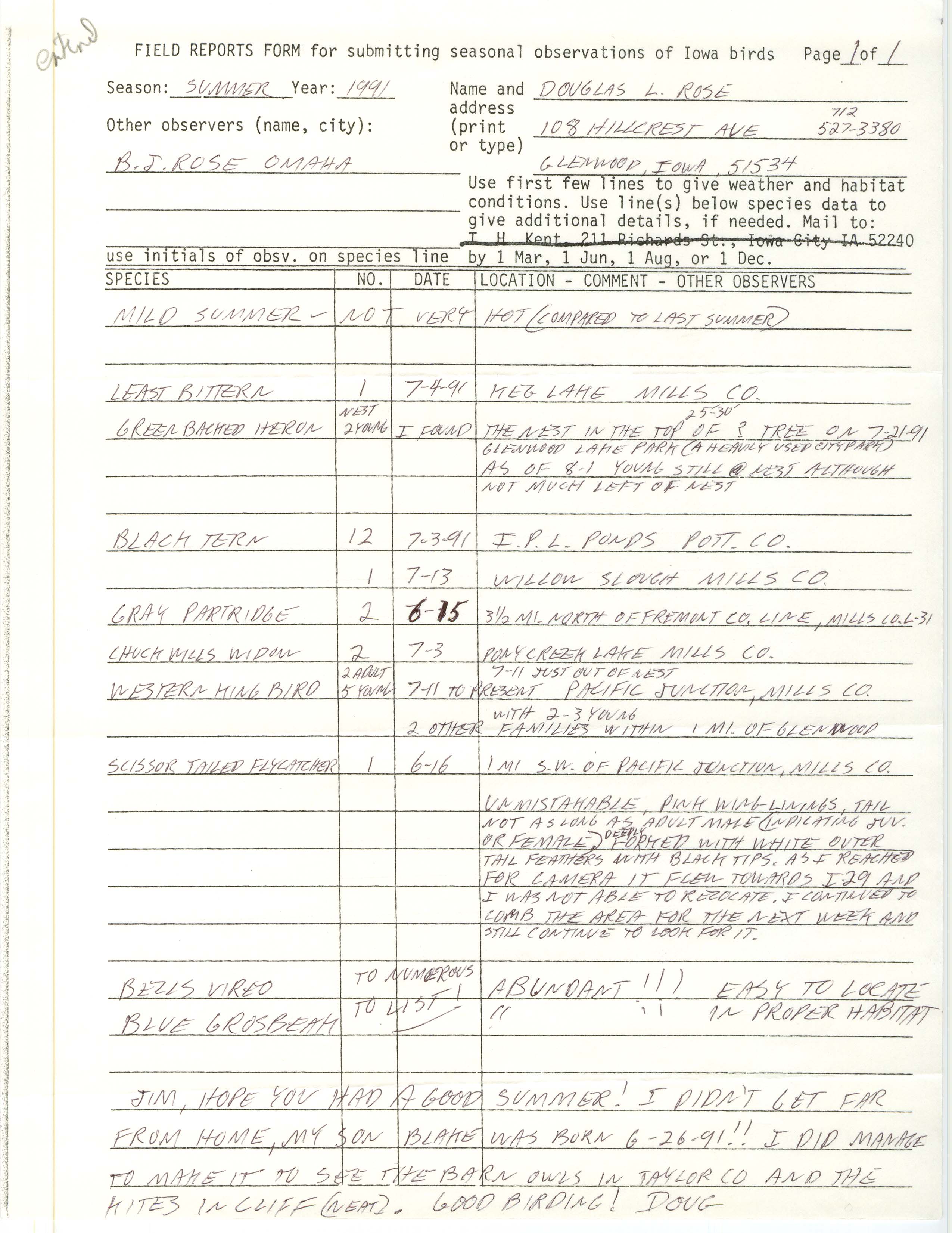 Field reports form for submitting seasonal observations of Iowa birds, Douglas Rose, summer 1991