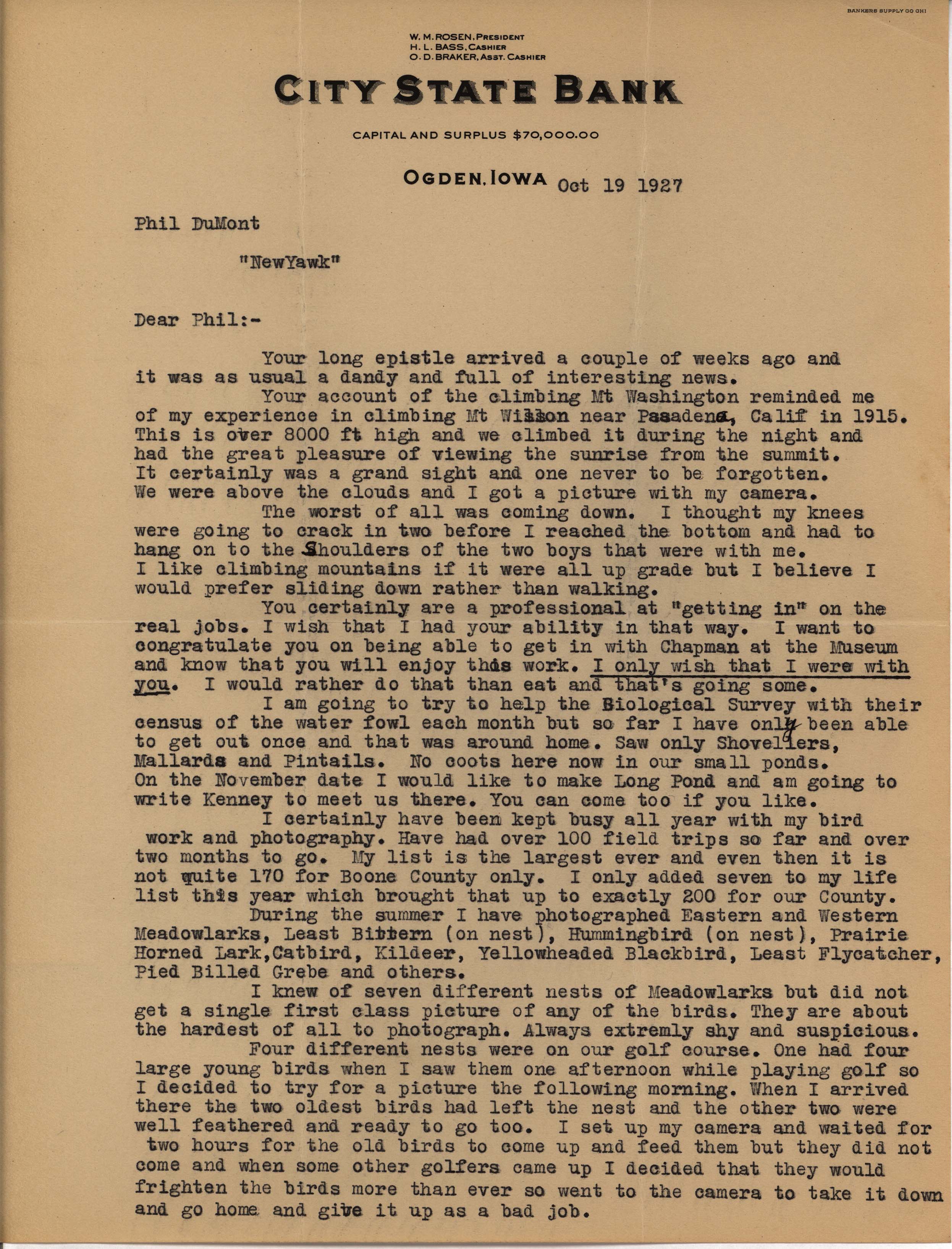 Walter Rosene letter to Philip DuMont regarding the Biological Survey, photography, and nests, October 19, 1927
