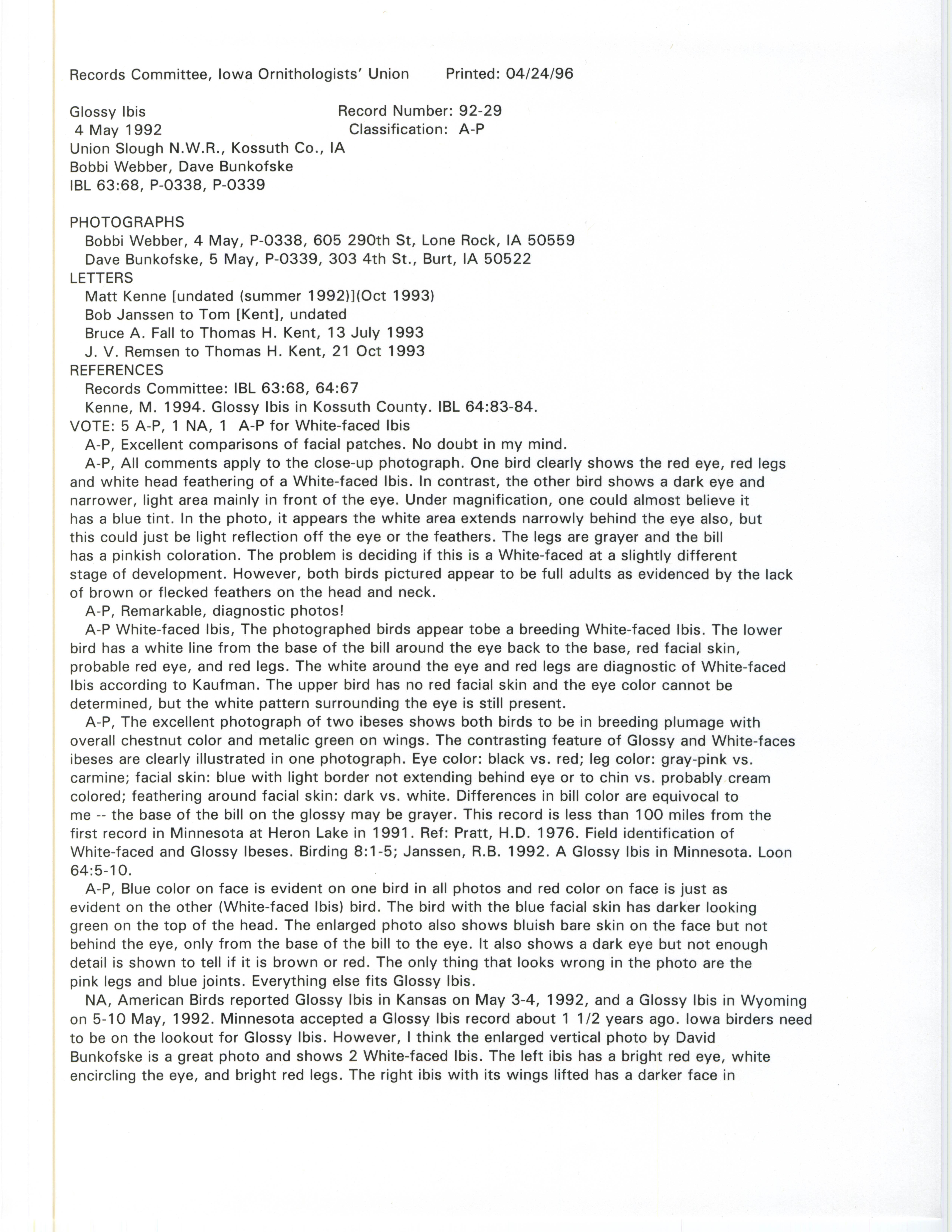 Records Committee review for rare bird sighting for Glossy Ibis at Union Slough National Wildlife Refuge in 1992