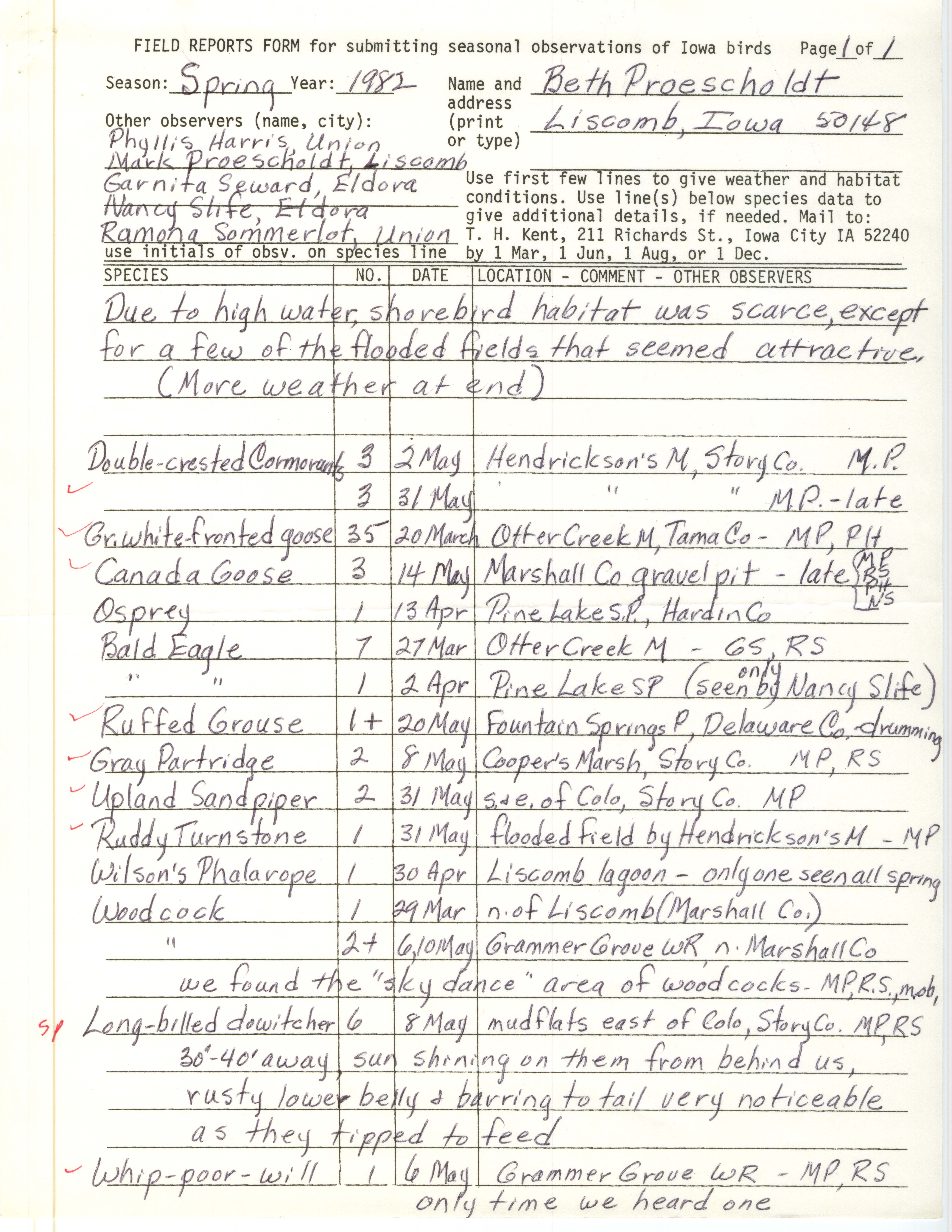 Field notes contributed by Beth Proescholdt, spring 1982