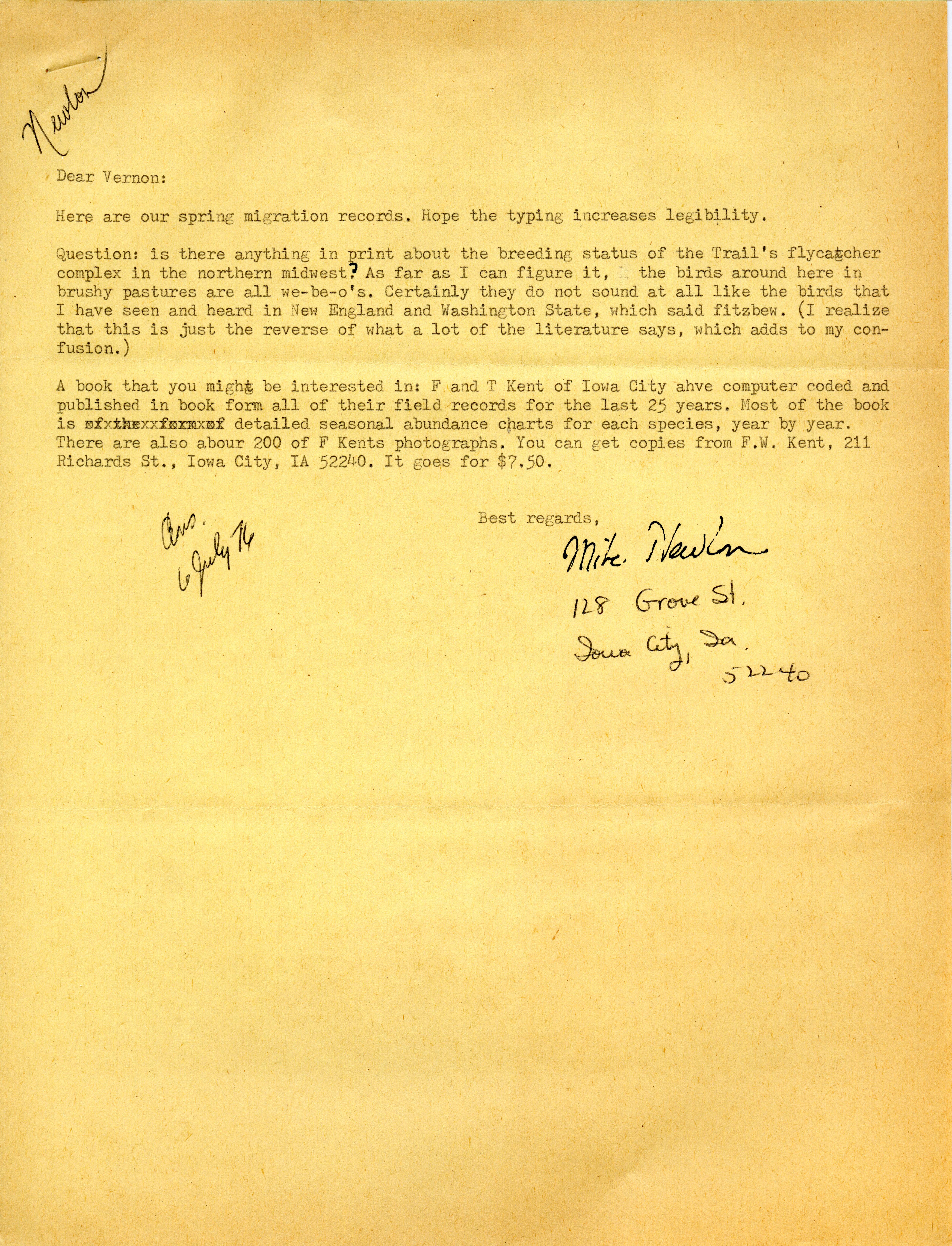 Letter and annotated bird sighting list from Mike Newlon to Vernon Kleen, July 6, 1976