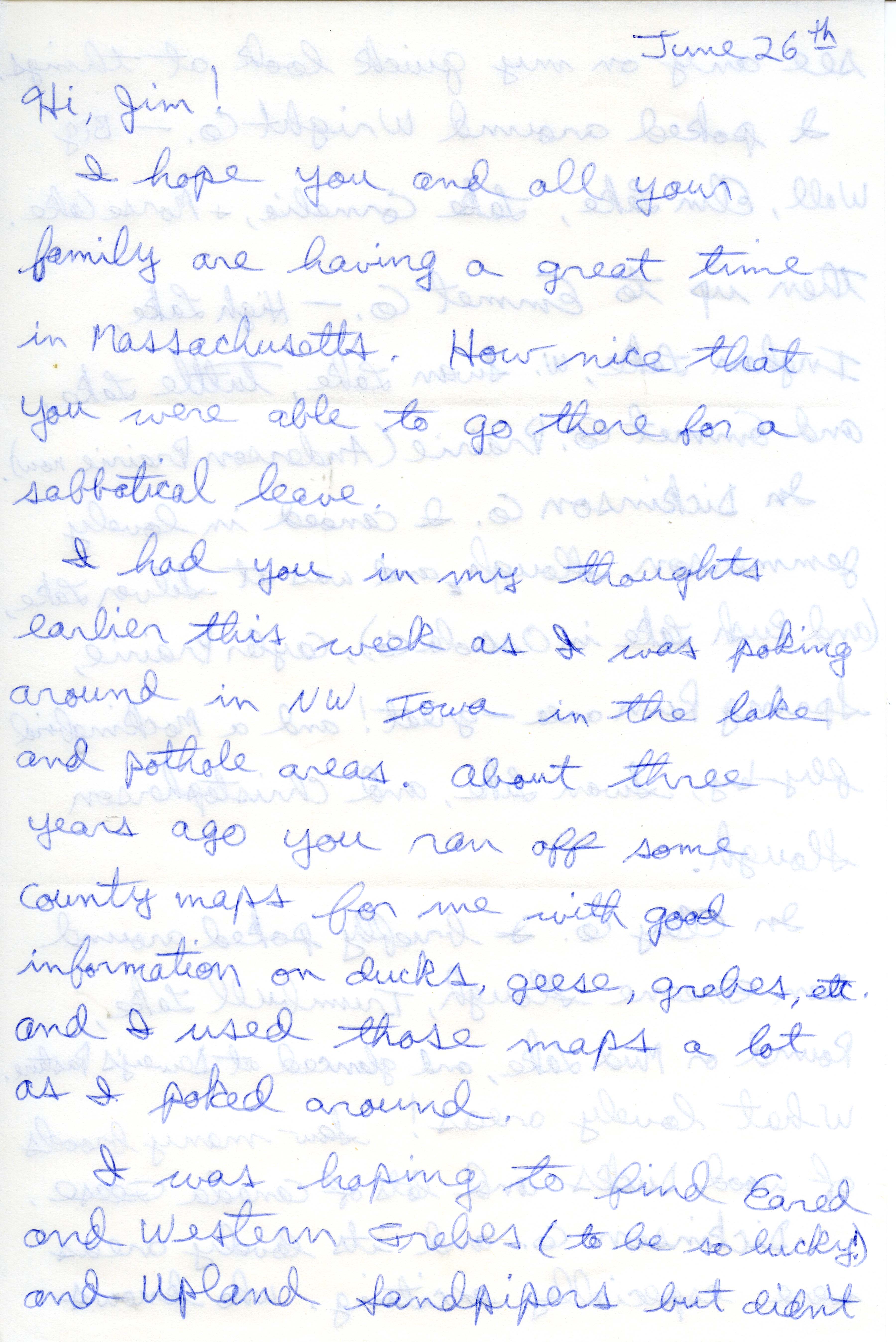 Mark Proescholdt letter to James J. Dinsmore regarding a trip to northwest Iowa and bird sightings, June 26, 1987