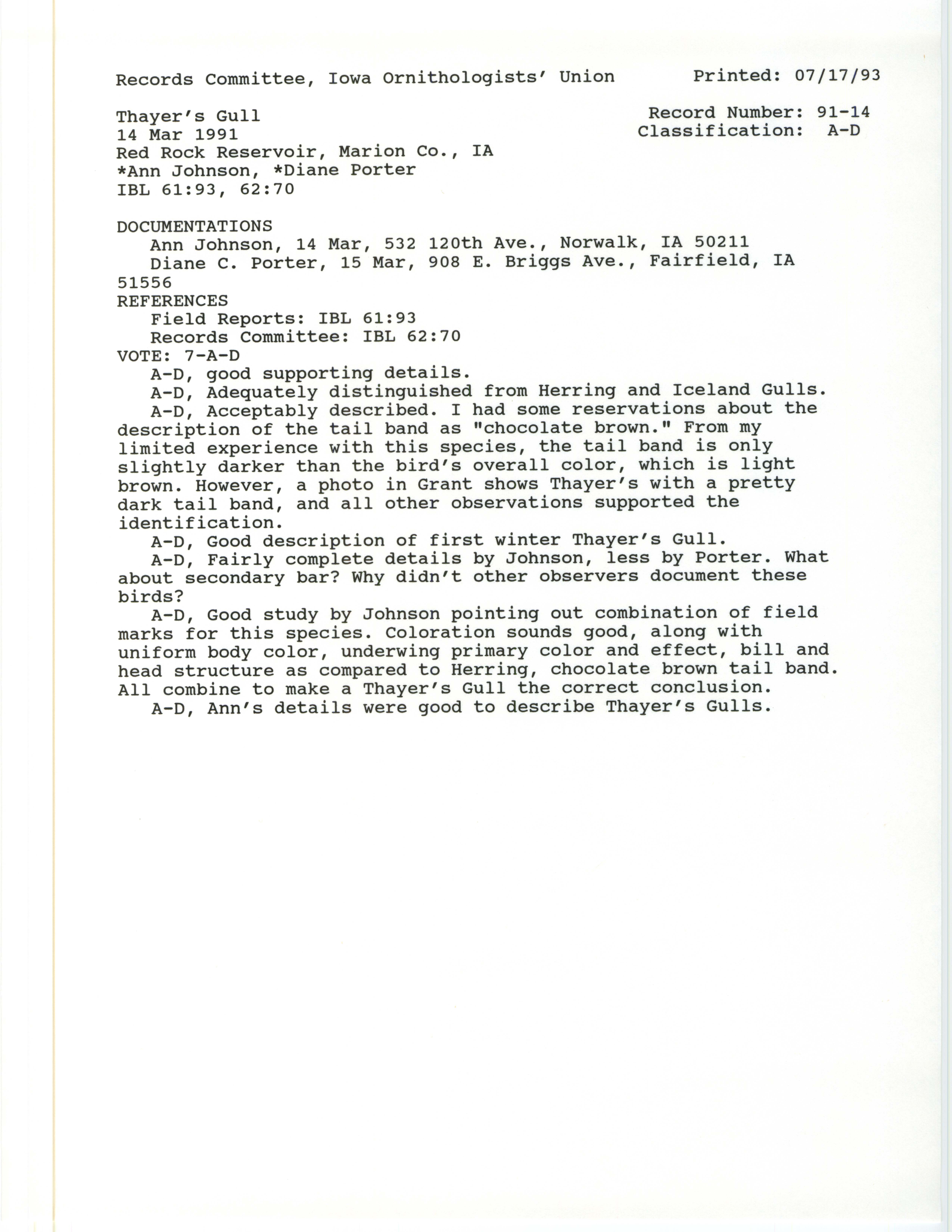 Records Committee review for rare bird sighting of Thayer's Gull at Red Rock Reservoir Dam, 1991