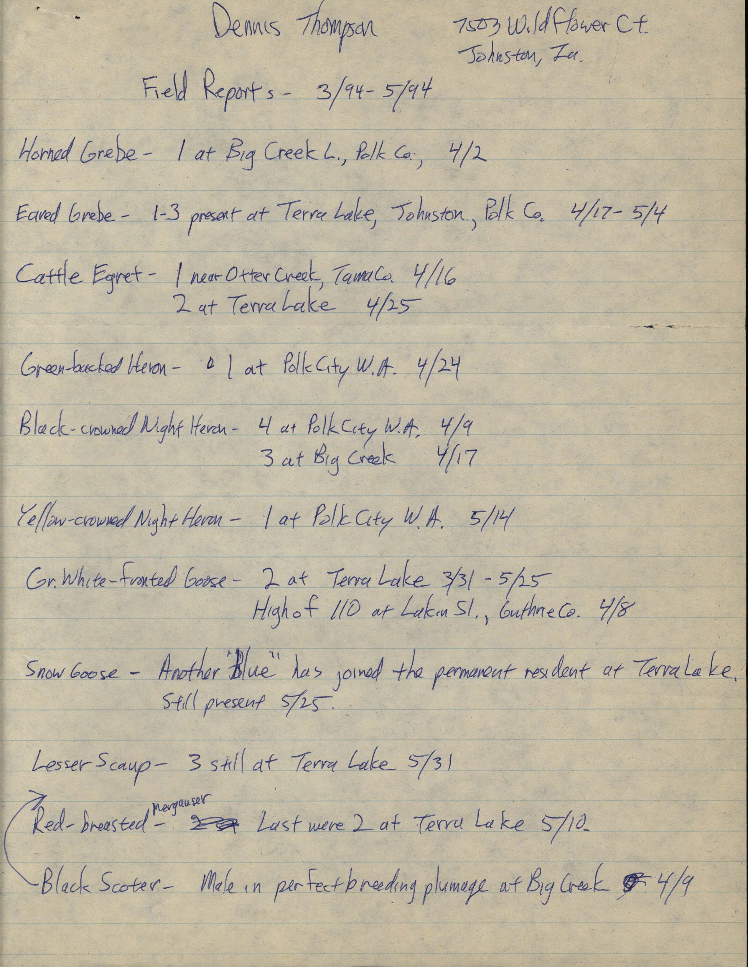 Field reports, 3/94 - 5/94, Dennis Thompson
