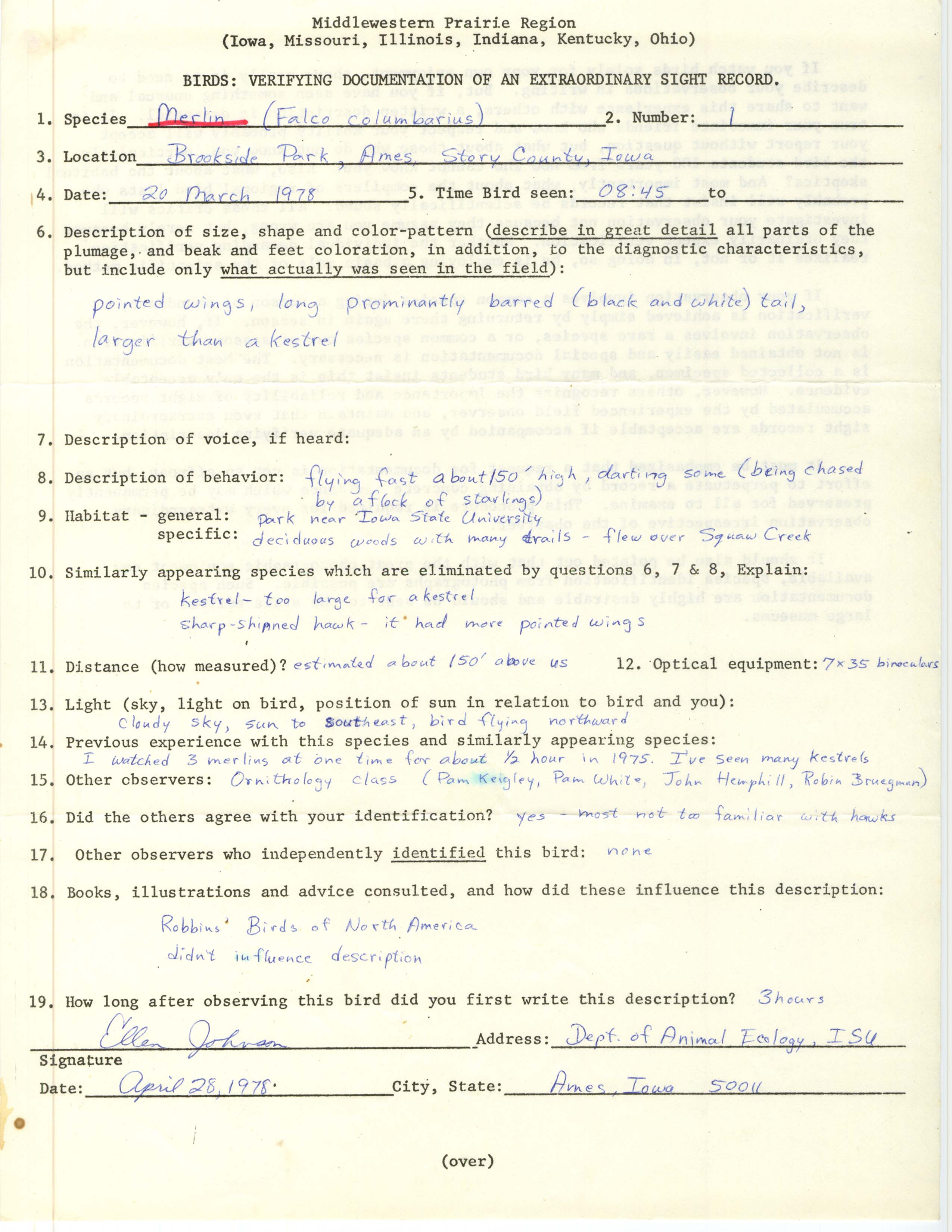 Rare bird documentation form for Merlin at Brookside Park, 1978