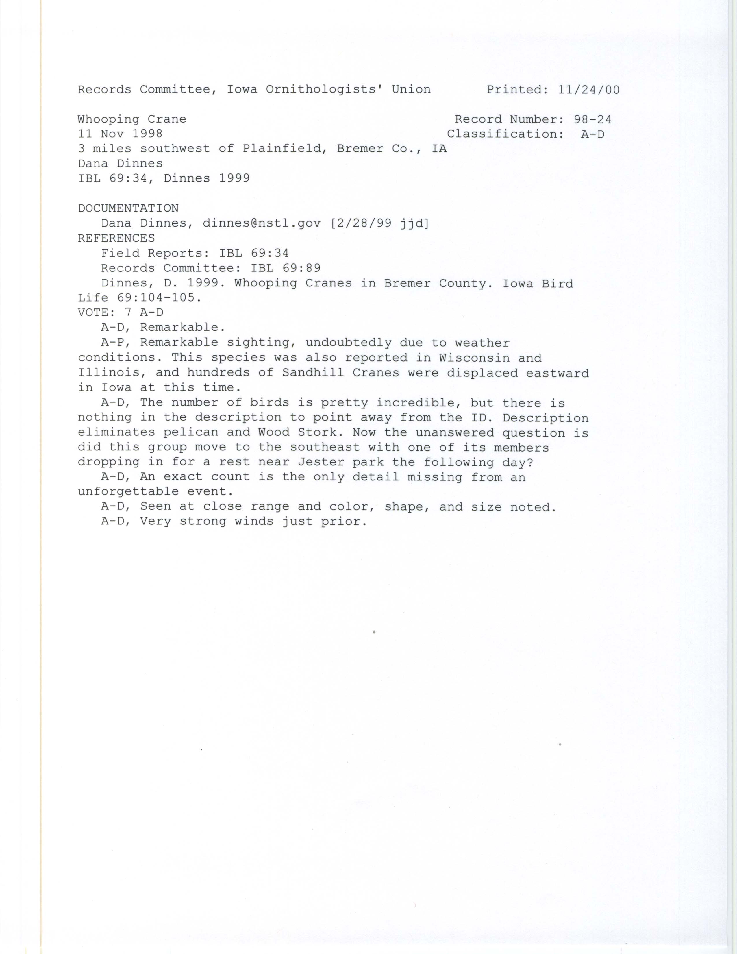 Records Committee review for rare bird sighting for Whooping Crane southeast of Plainfield, 1998