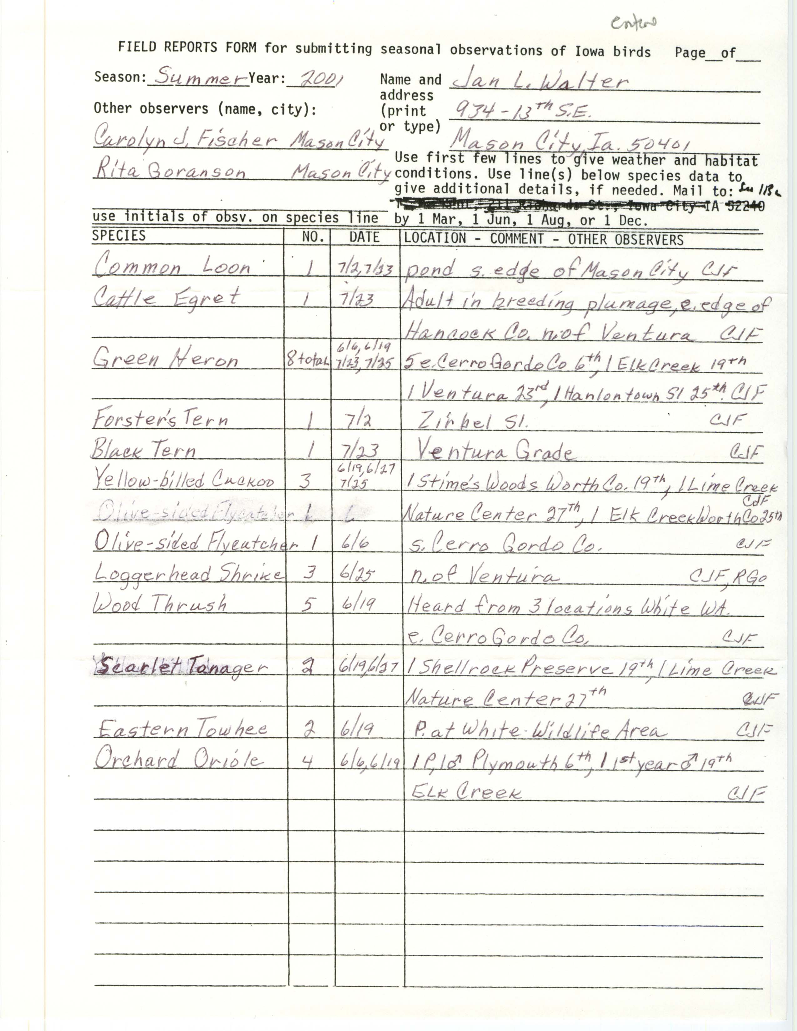 Field reports form for submitting seasonal observations of Iowa birds, Jan L. Walter, summer 2001