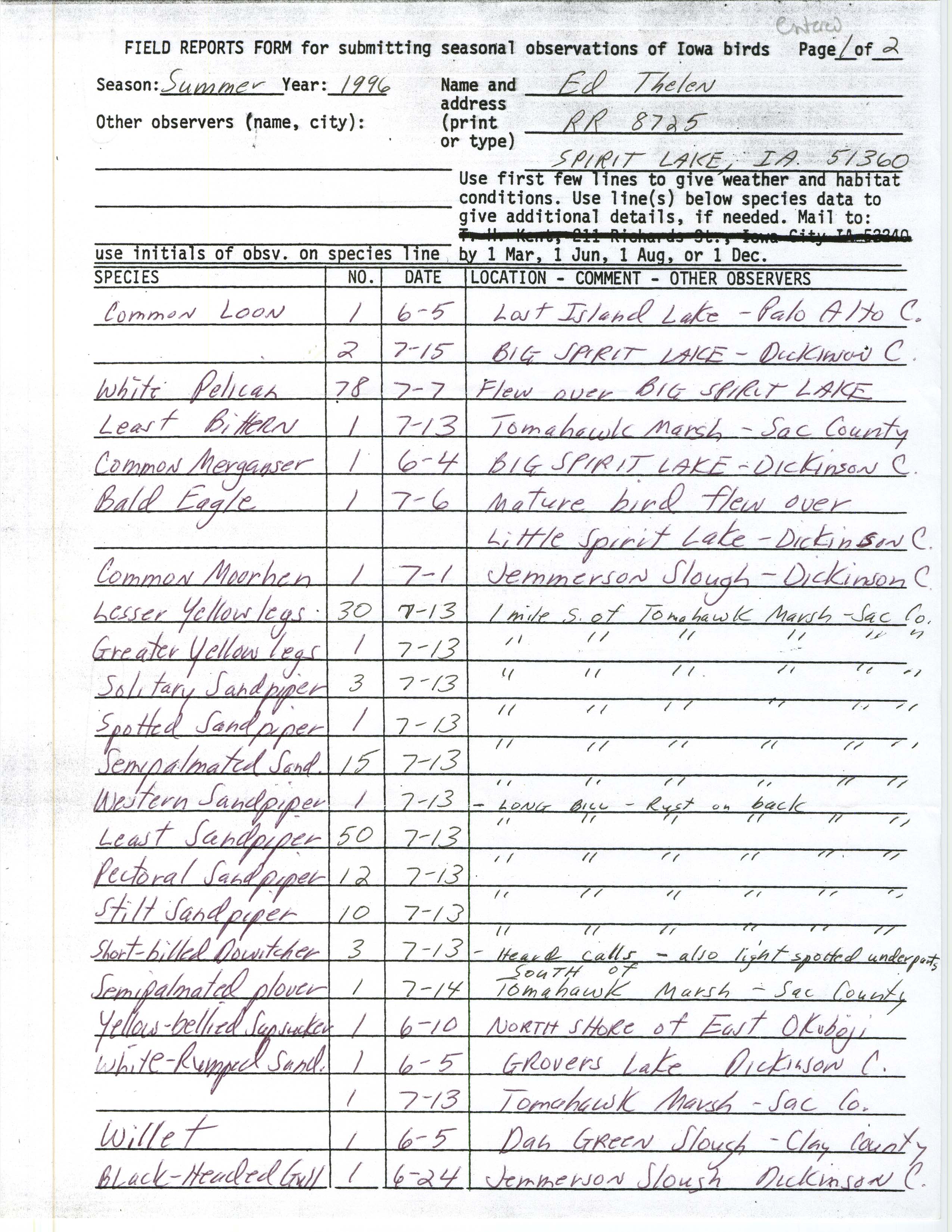Field reports form for submitting seasonal observations of Iowa birds, Ed Thelen, summer 1996