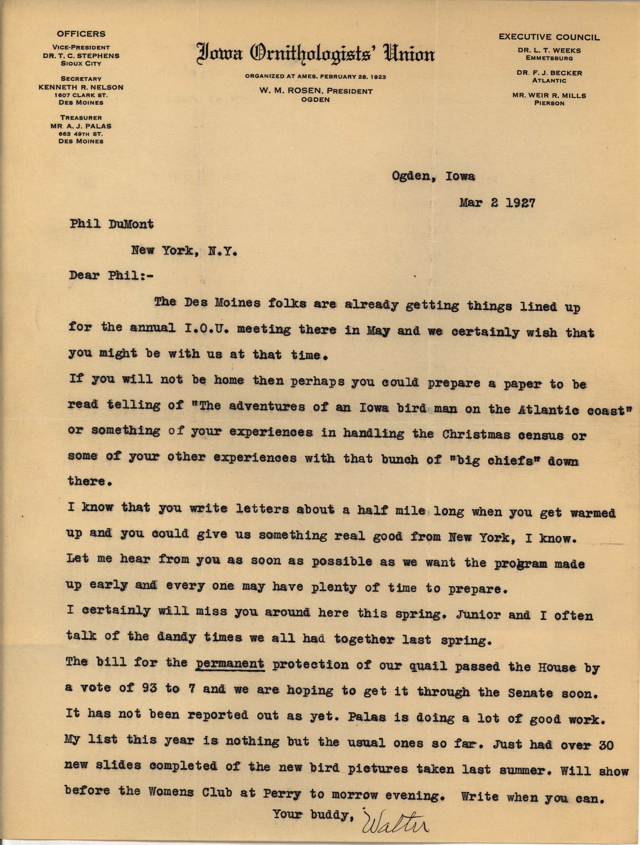 Walter Rosene letter to Philip DuMont regarding the annual Iowa Ornithologists' Union meeting, March 2, 1927