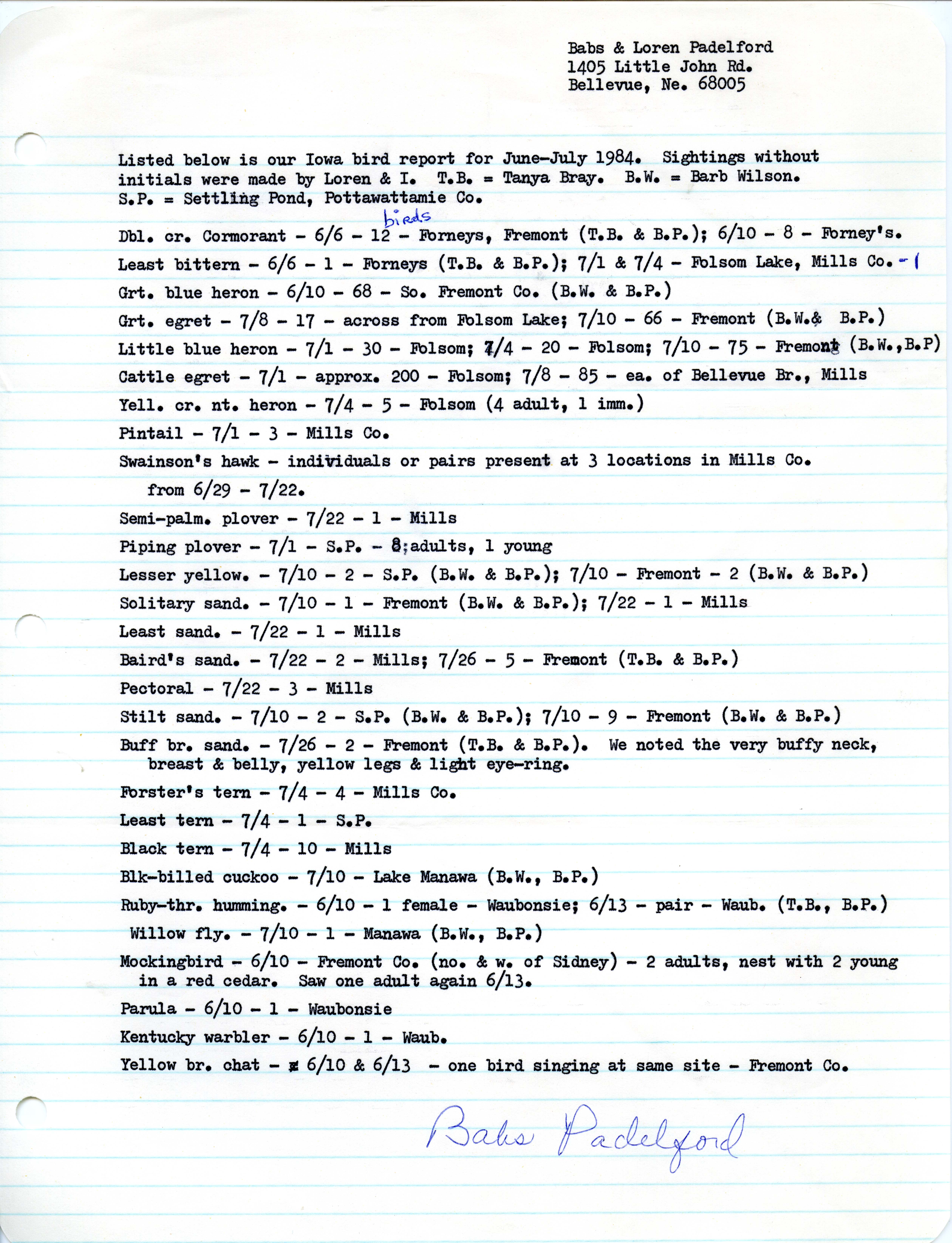 Field notes contributed by Babs and Loren Padelford on Iowa birds sighted, June-July 1984