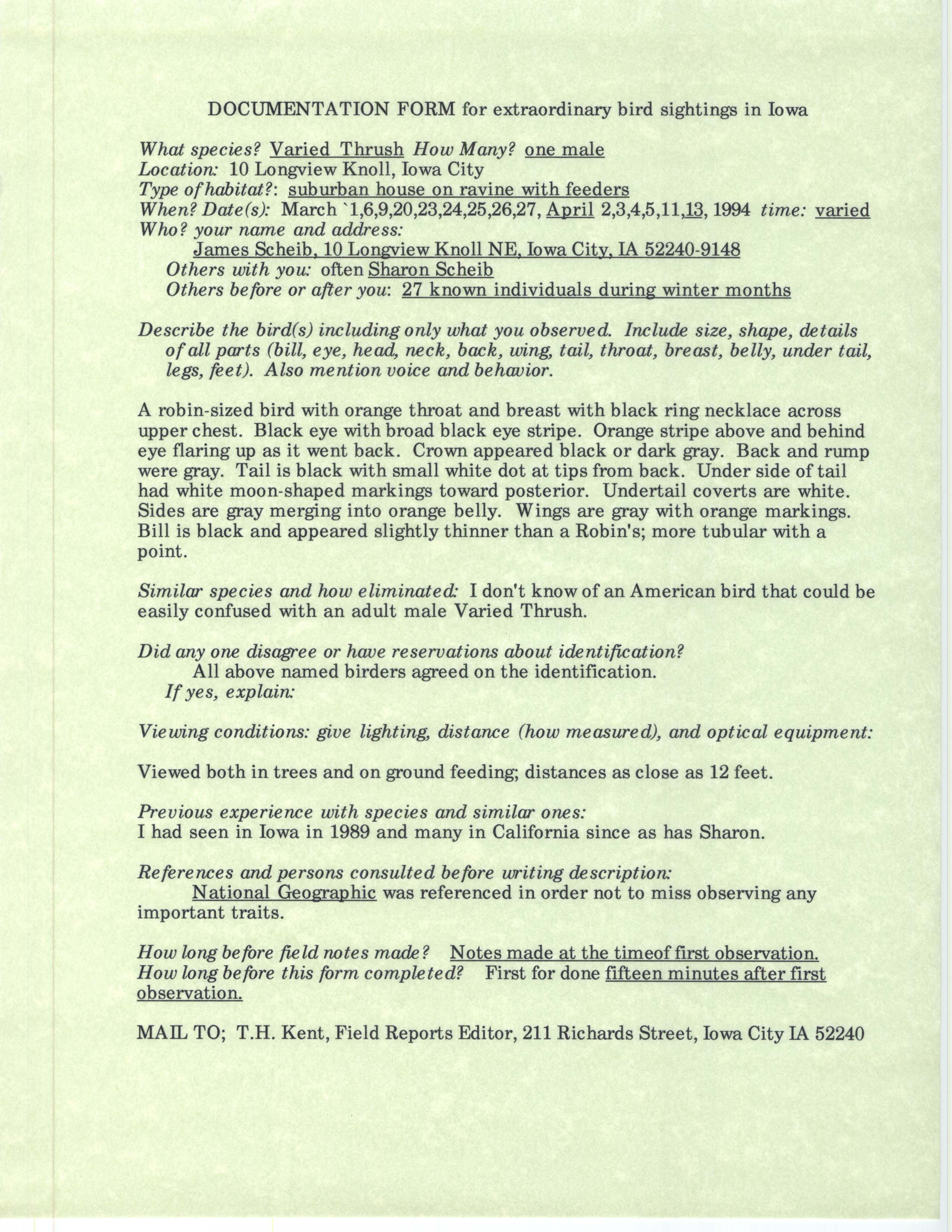 Rare bird documentation form for Varied Thrush at Iowa City in 1994