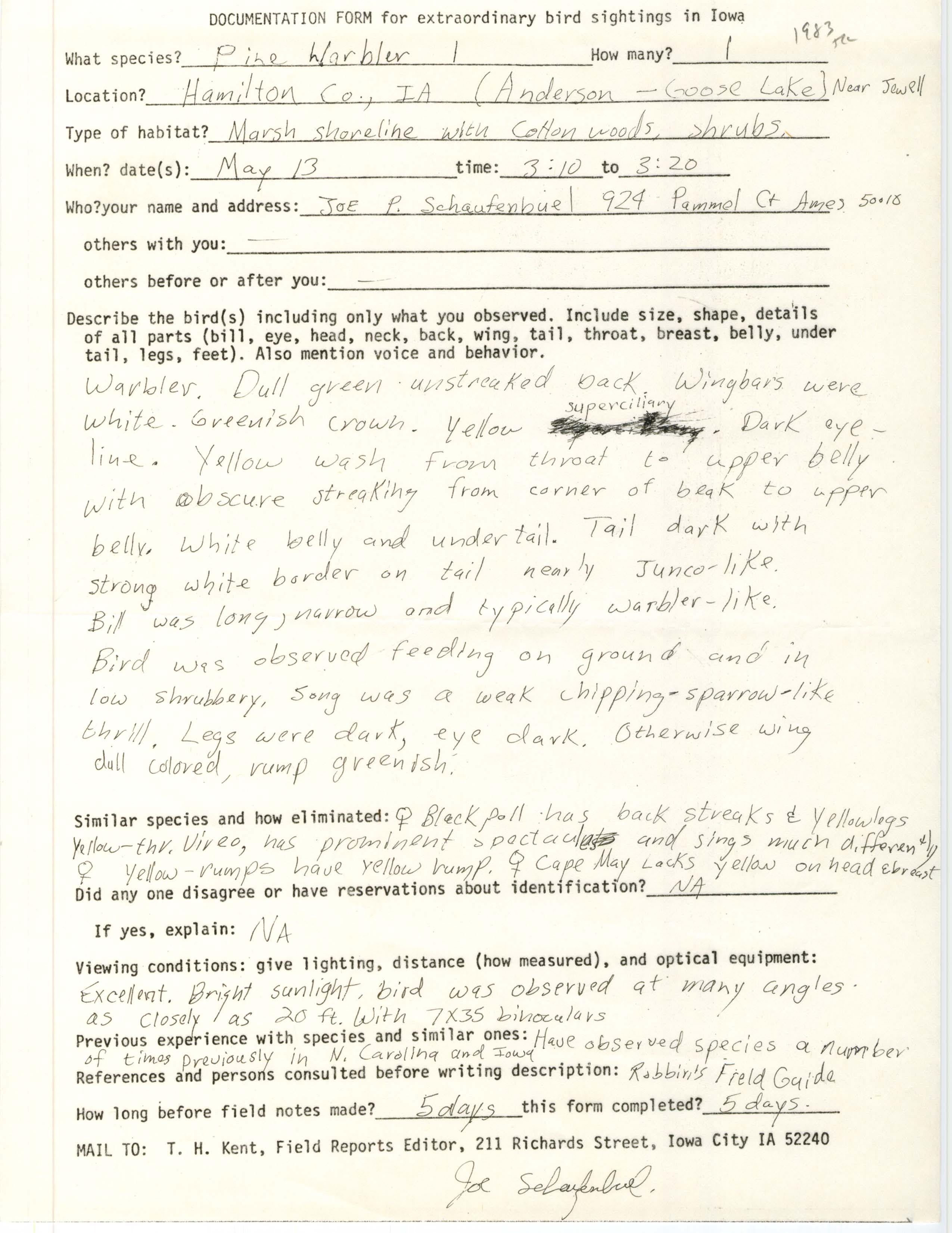 Rare bird documentation form for Pine Warbler at Anderson Goose Lake, 1983