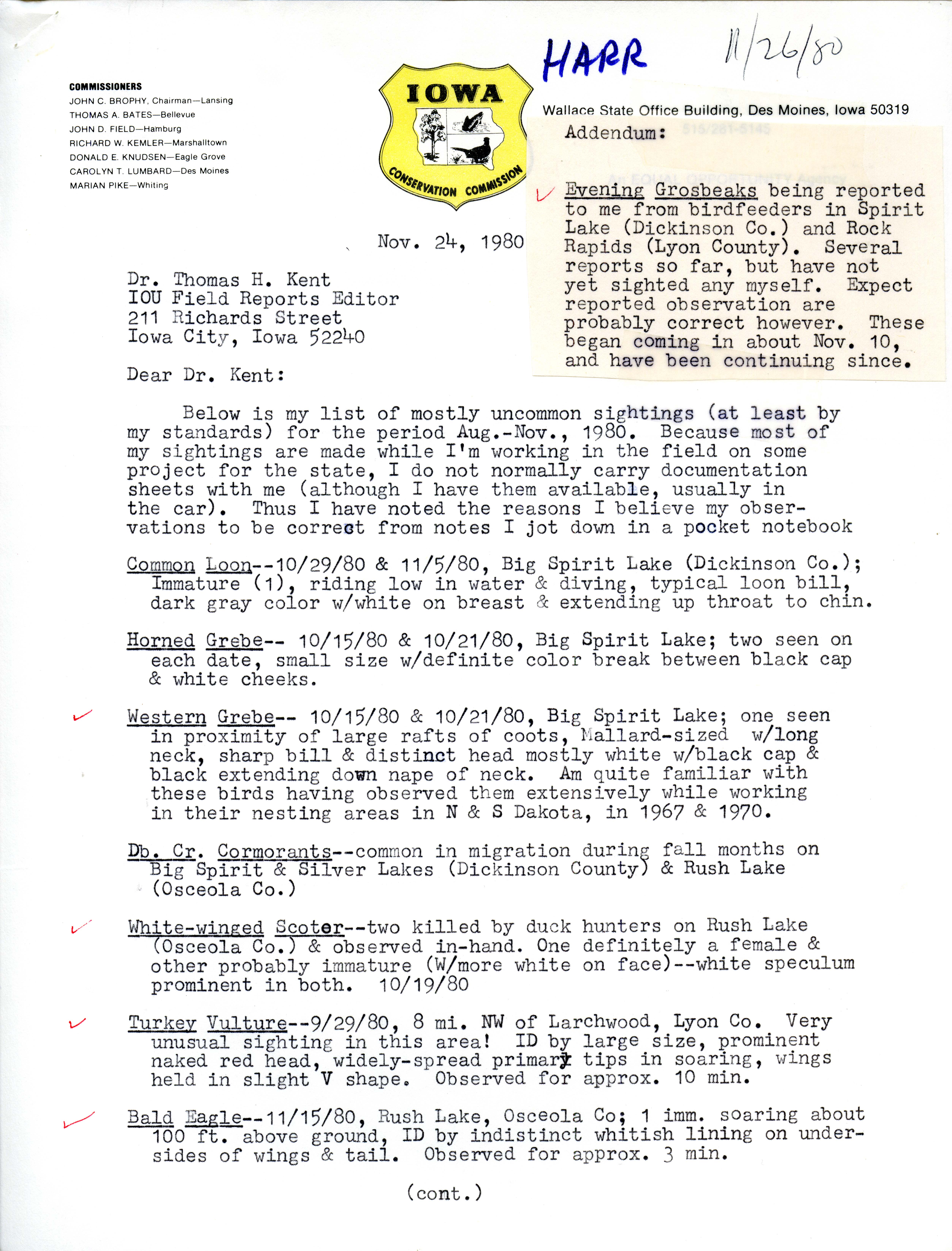 Doug Harr letter to Thomas Kent regarding uncommon birds sighted, November 24, 1980