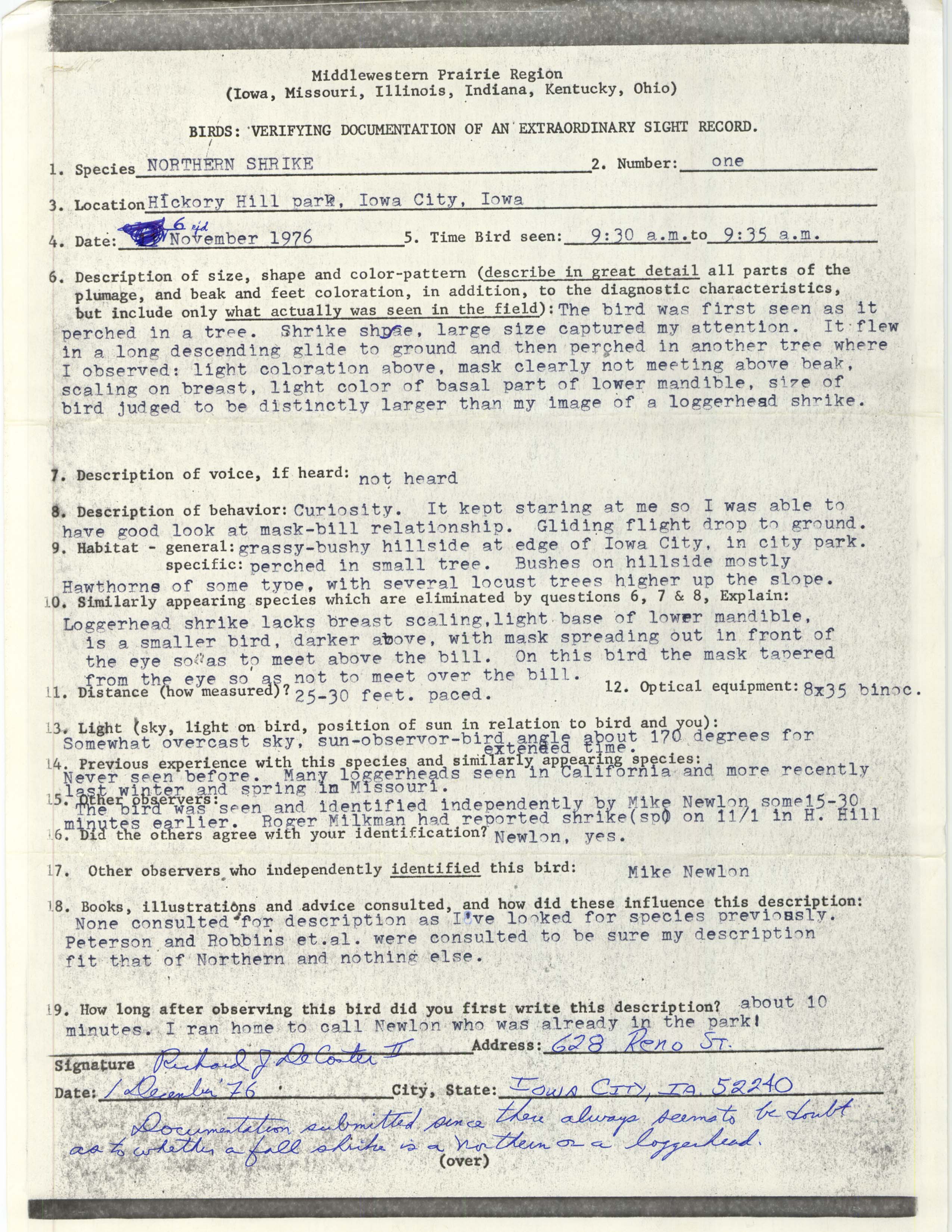 Rare bird documentation form for Northern Shrike at Hickory Hill Park in Iowa City, 1976