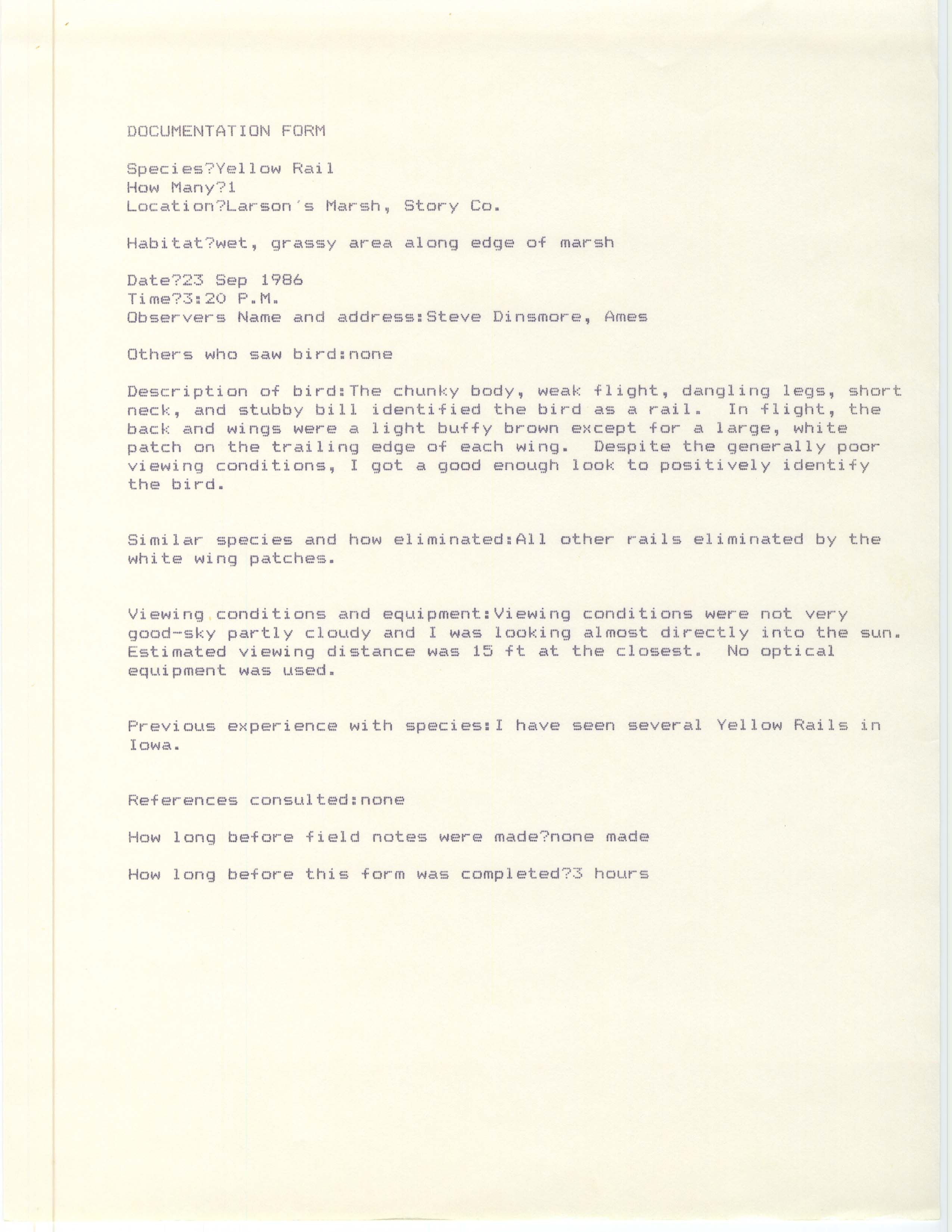 Rare bird documentation form for Yellow Rail at Larson's Marsh, 1986