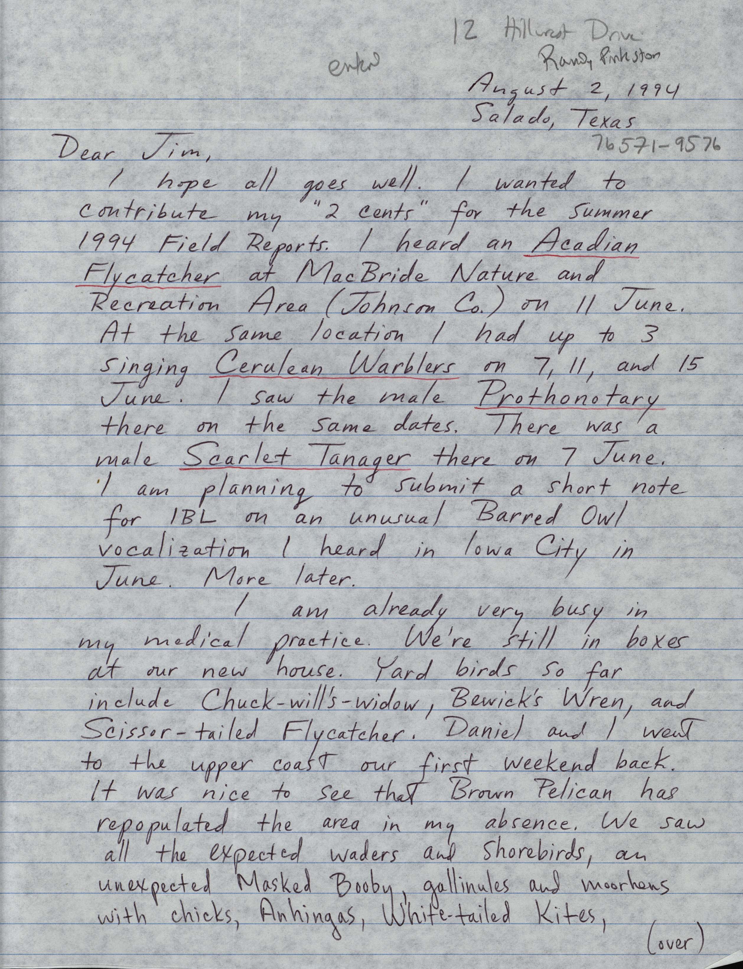 Randy Pinkston letter to Jim Dinsmore regarding summer 1994 field reports, August 2, 1994