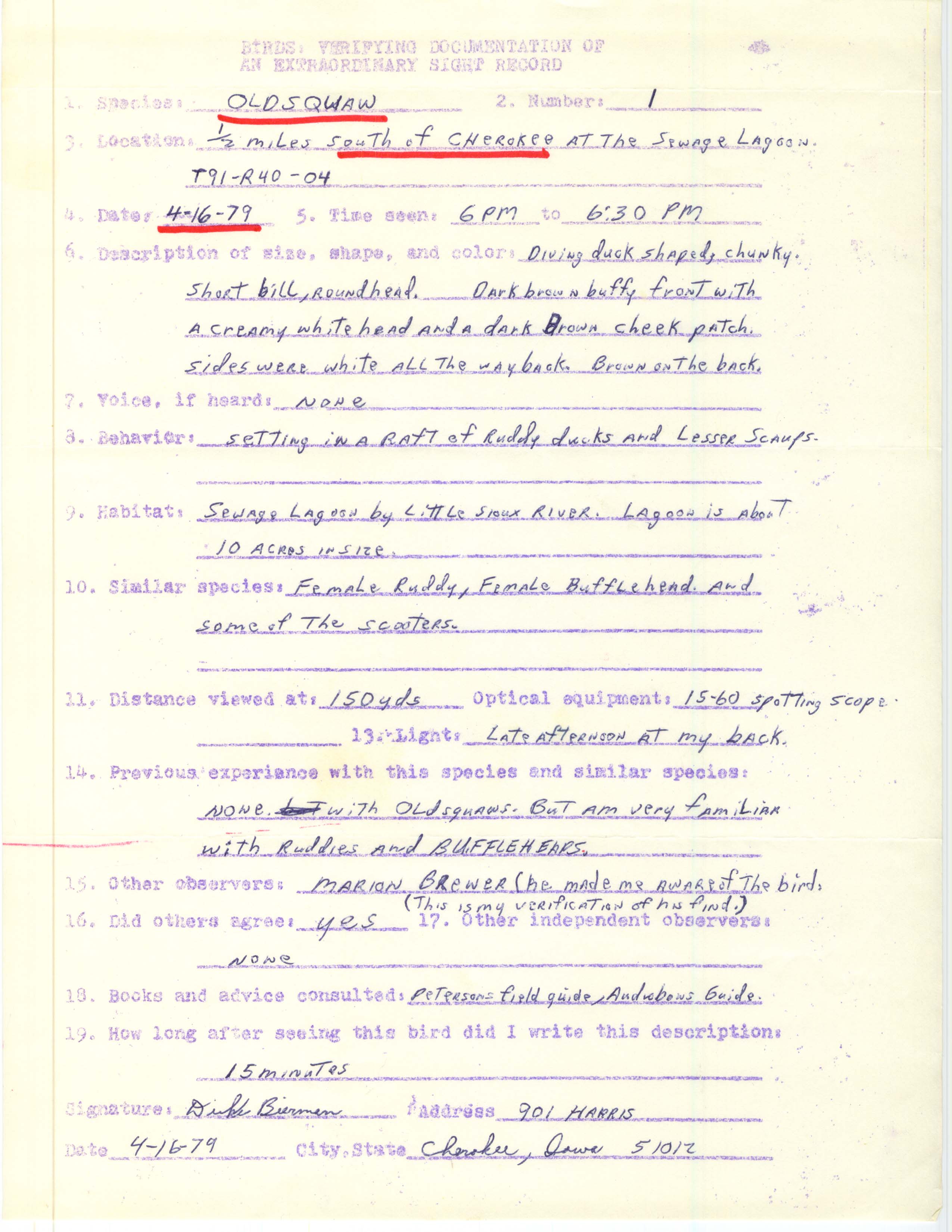 Rare bird documentation form for Long-tailed Duck at Cherokee, 1979