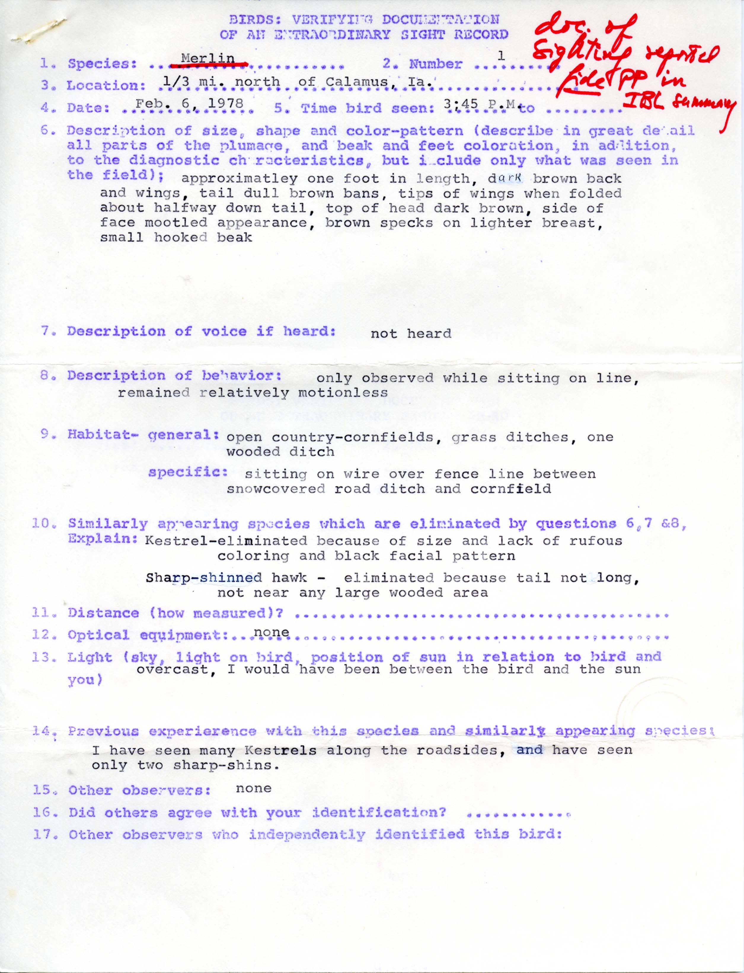 Rare bird documentation for Merlin at Calamus, 1978
