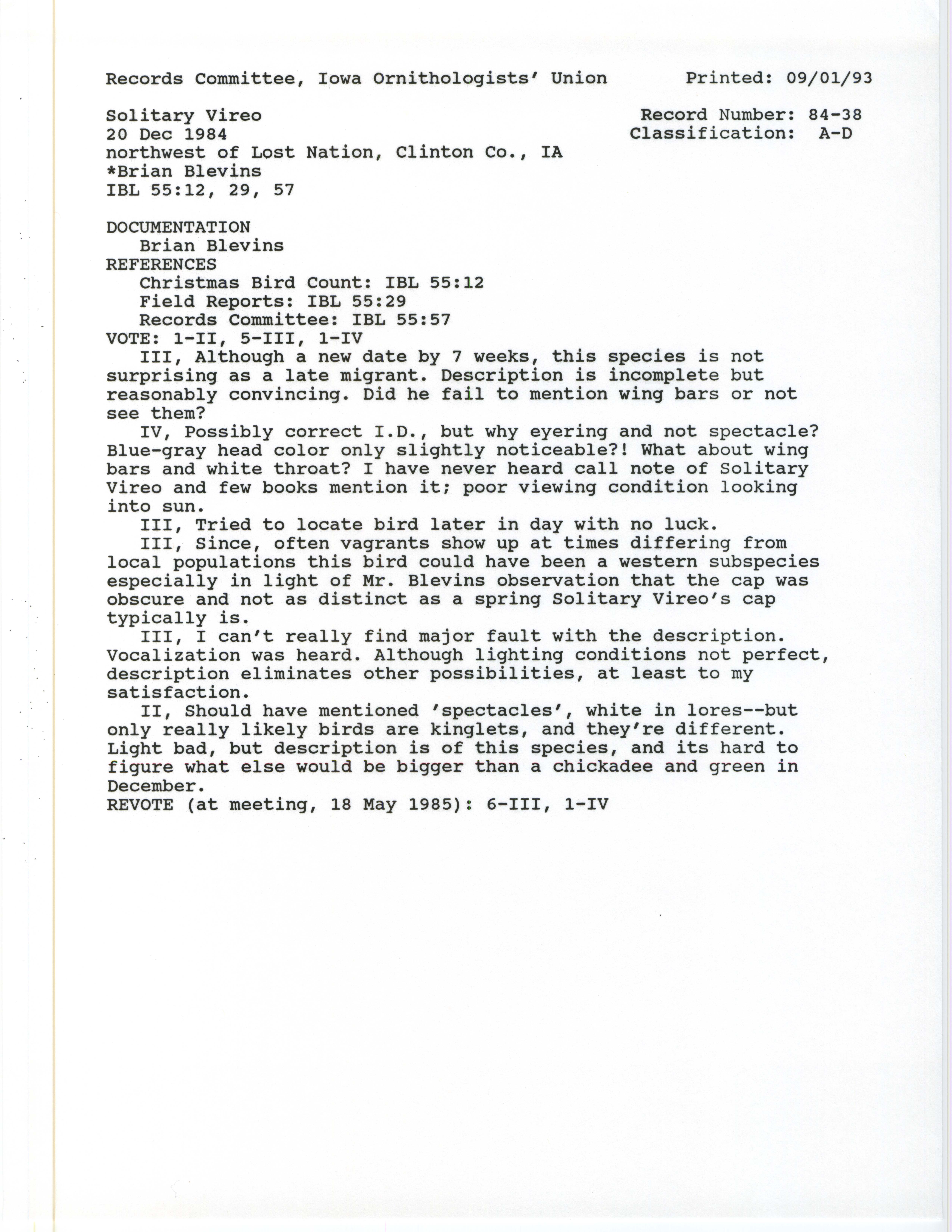 Records Committee review for rare bird sighting for Solitary Vireo northwest of Lost Nation, 1984