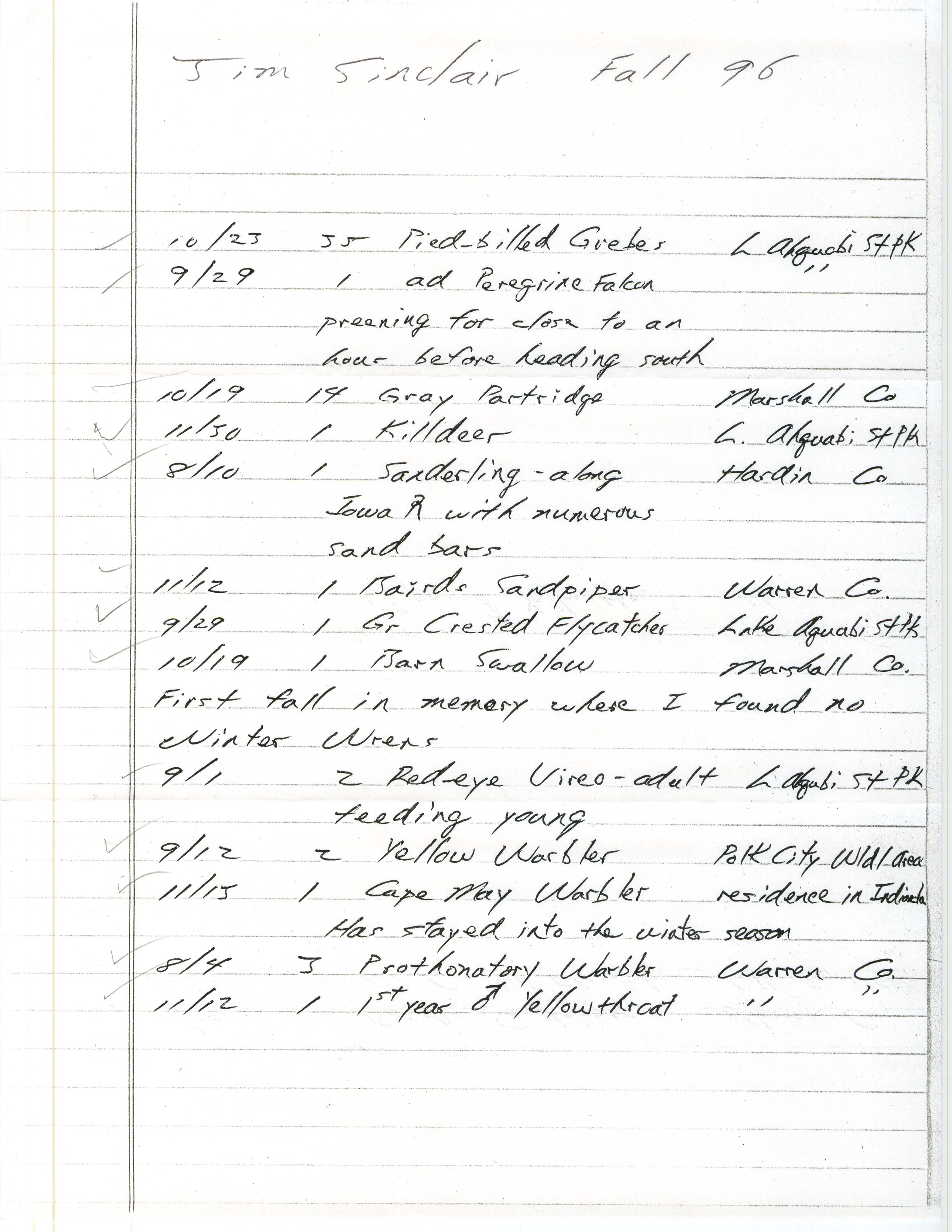 Field notes contributed by Jim Sinclair, fall 1996
