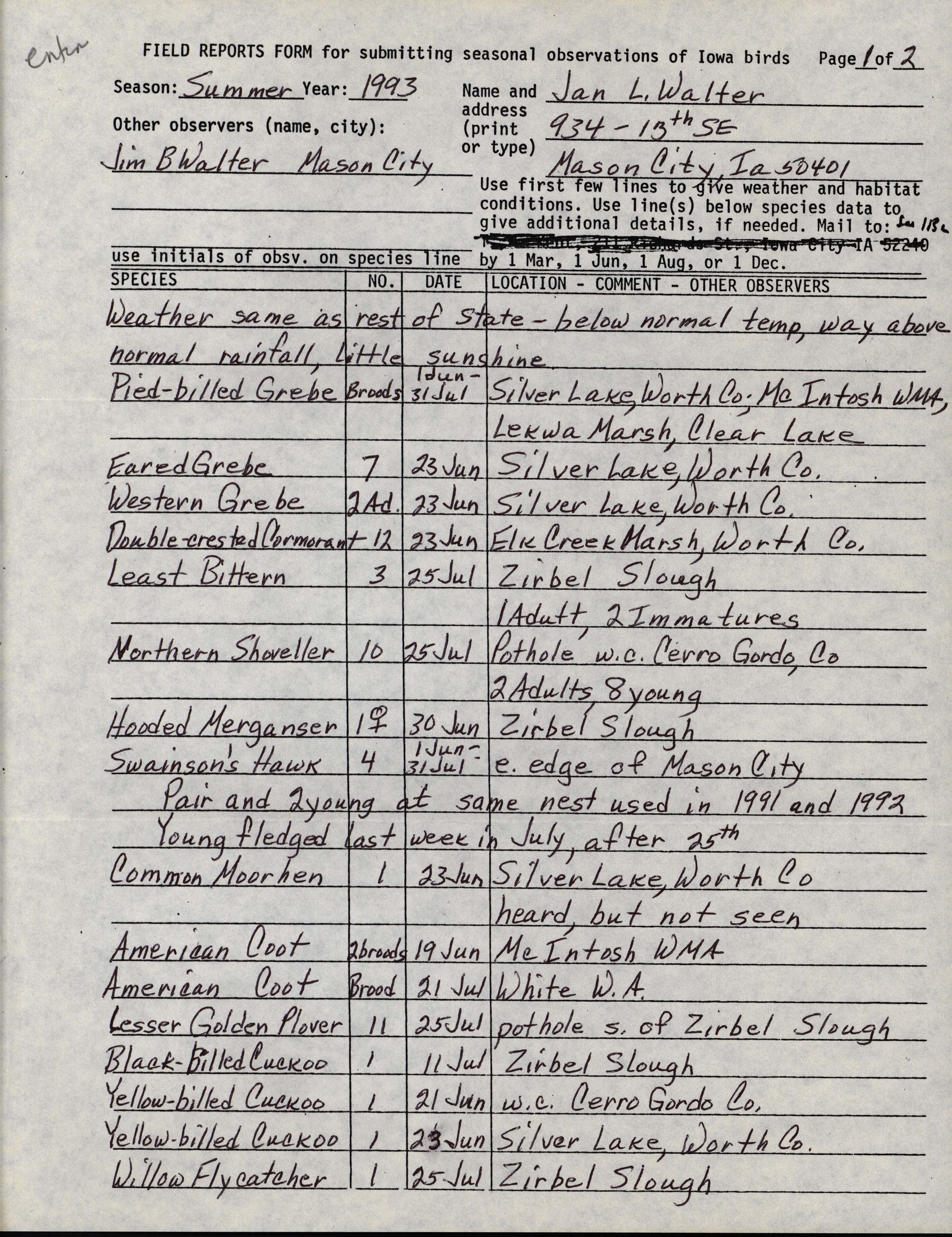 Field reports form for submitting seasonal observations of Iowa birds, Jan L. Walter, summer 1993