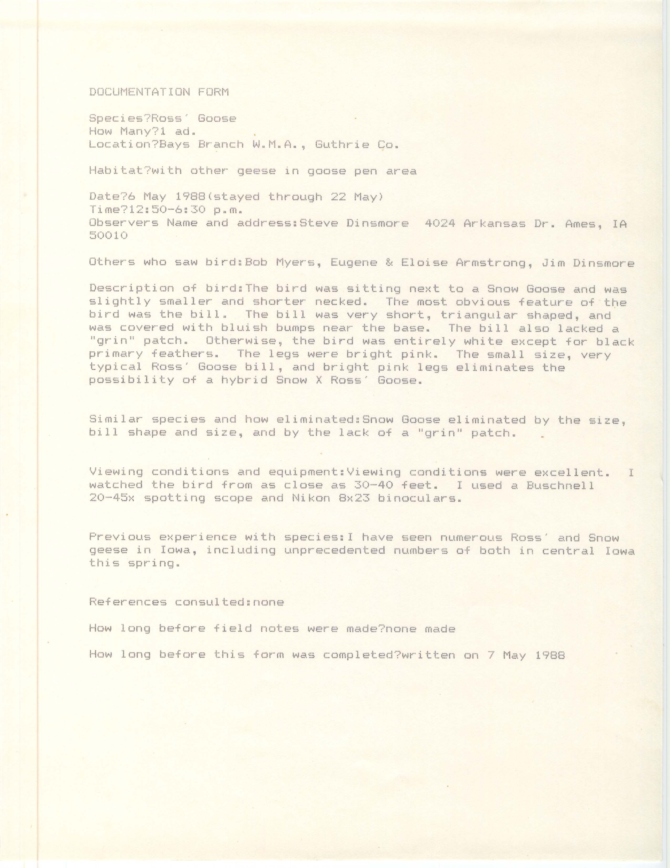 Rare bird documentation form for Ross' Goose at Bays Branch Wildlife Management Area, 1988