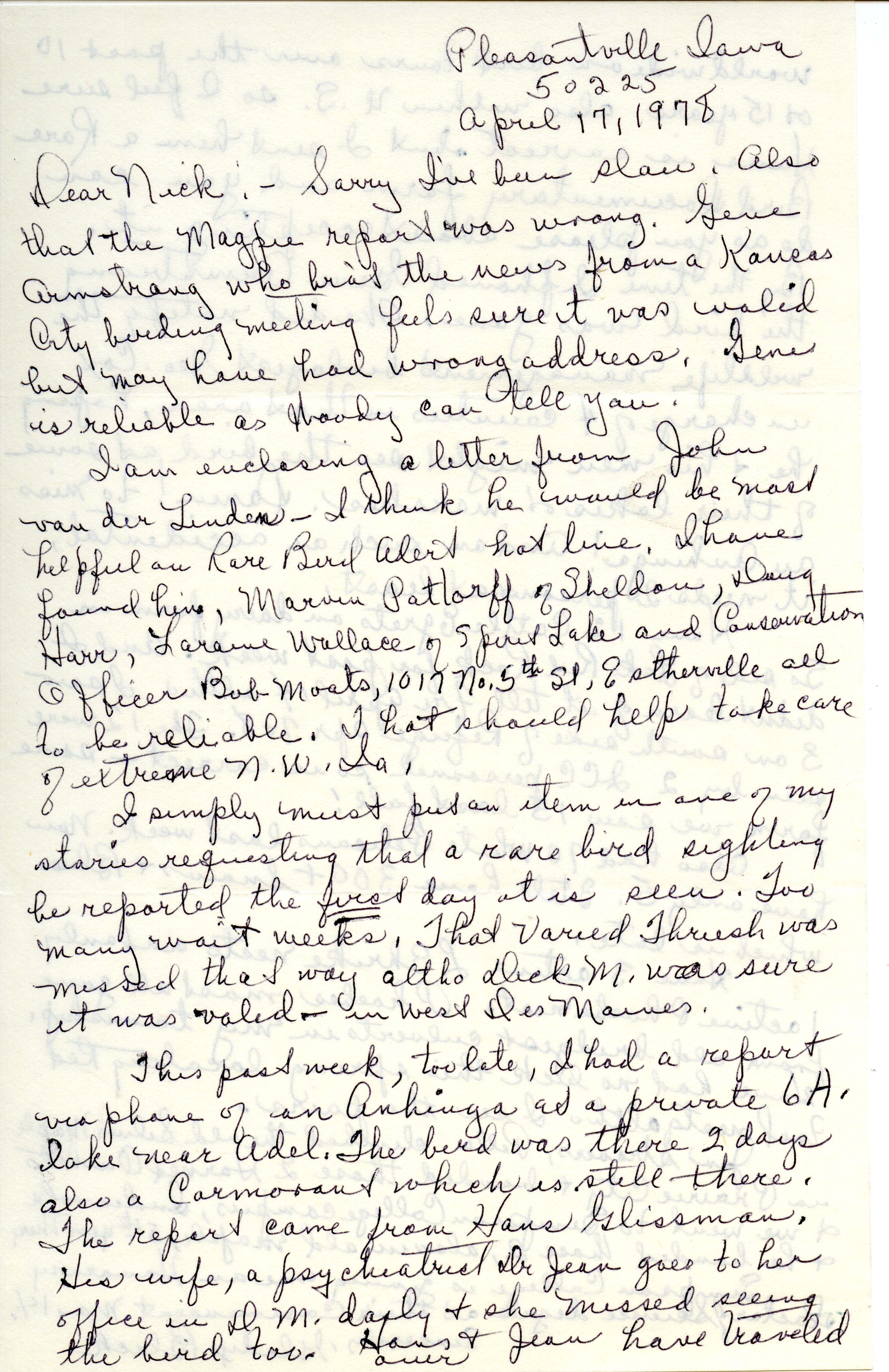 Gladys Black letter to Nicholas S. Halmi regarding bird sightings, April 17, 1978