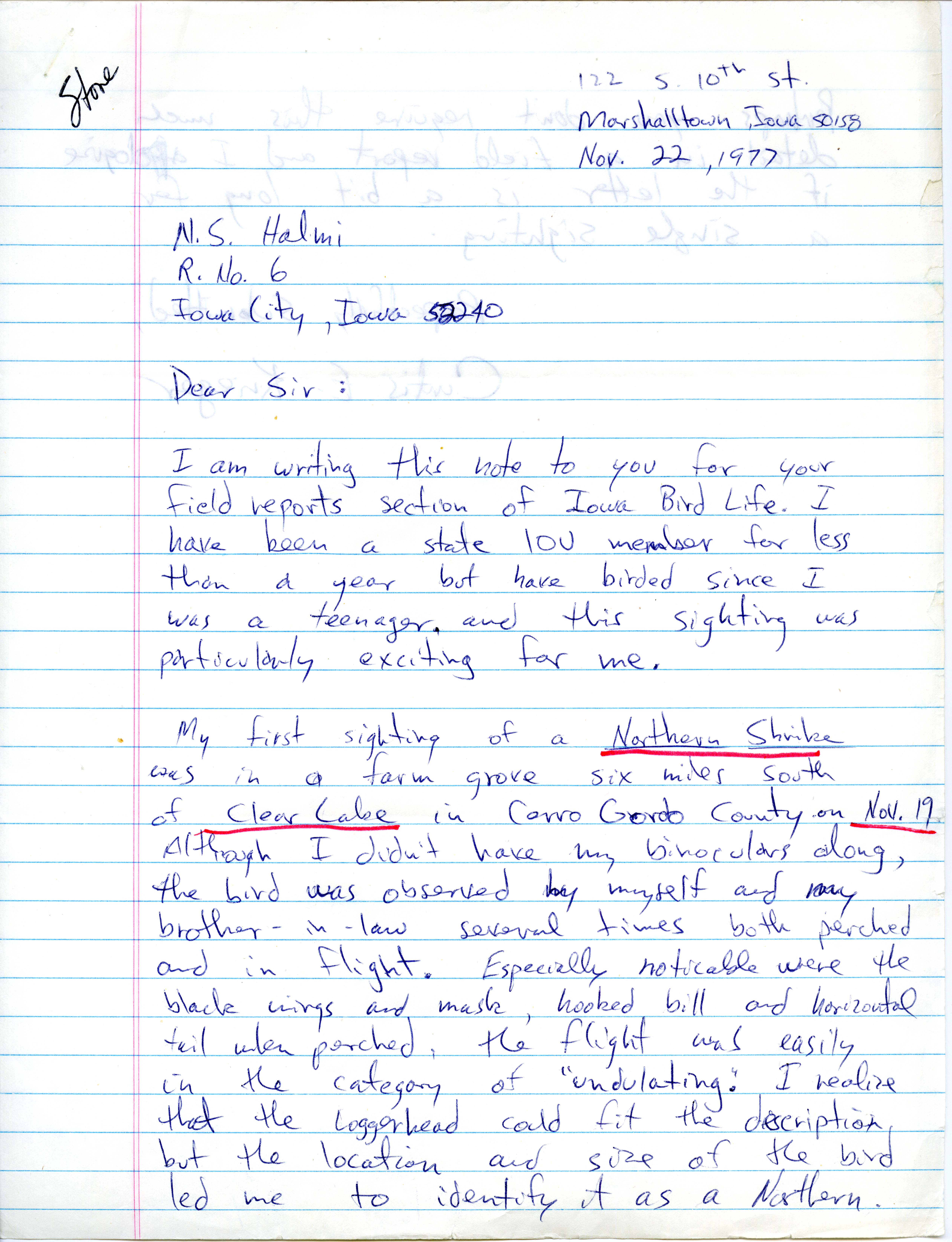 Curtis E. Krieger letter to Nicholas S. Halmi regarding his sighting of a Northern Shrike, November 22, 1977