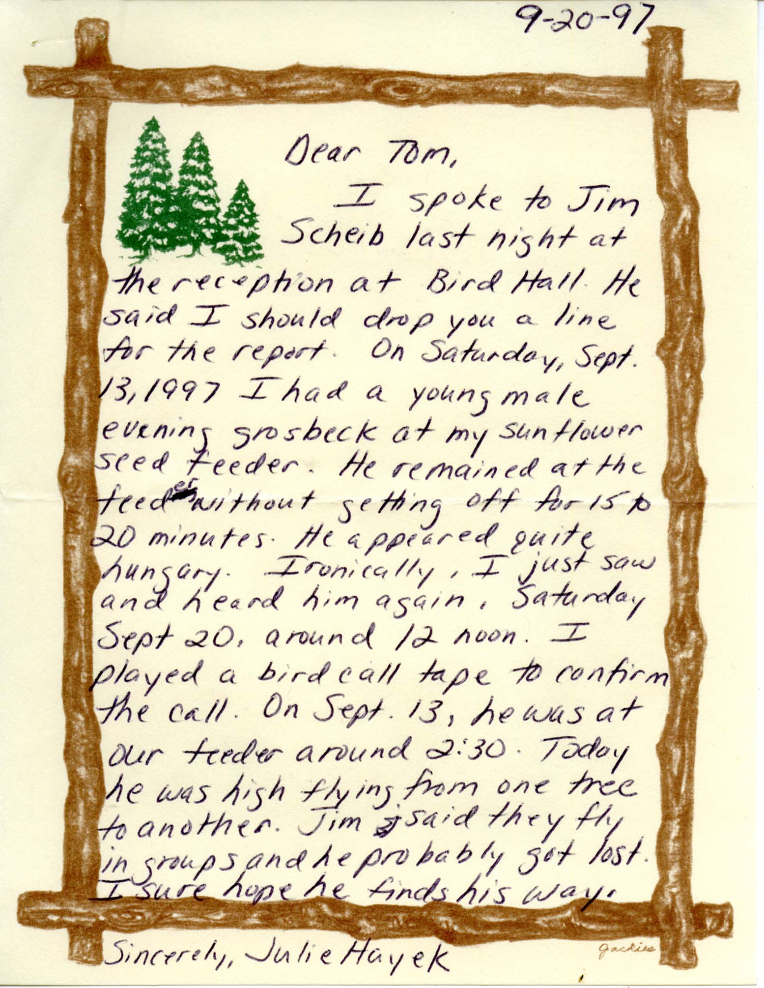 Julie B. Hayek letter to Thomas H. Kent regarding an Evening Grosbeak sighting, September 20, 1997