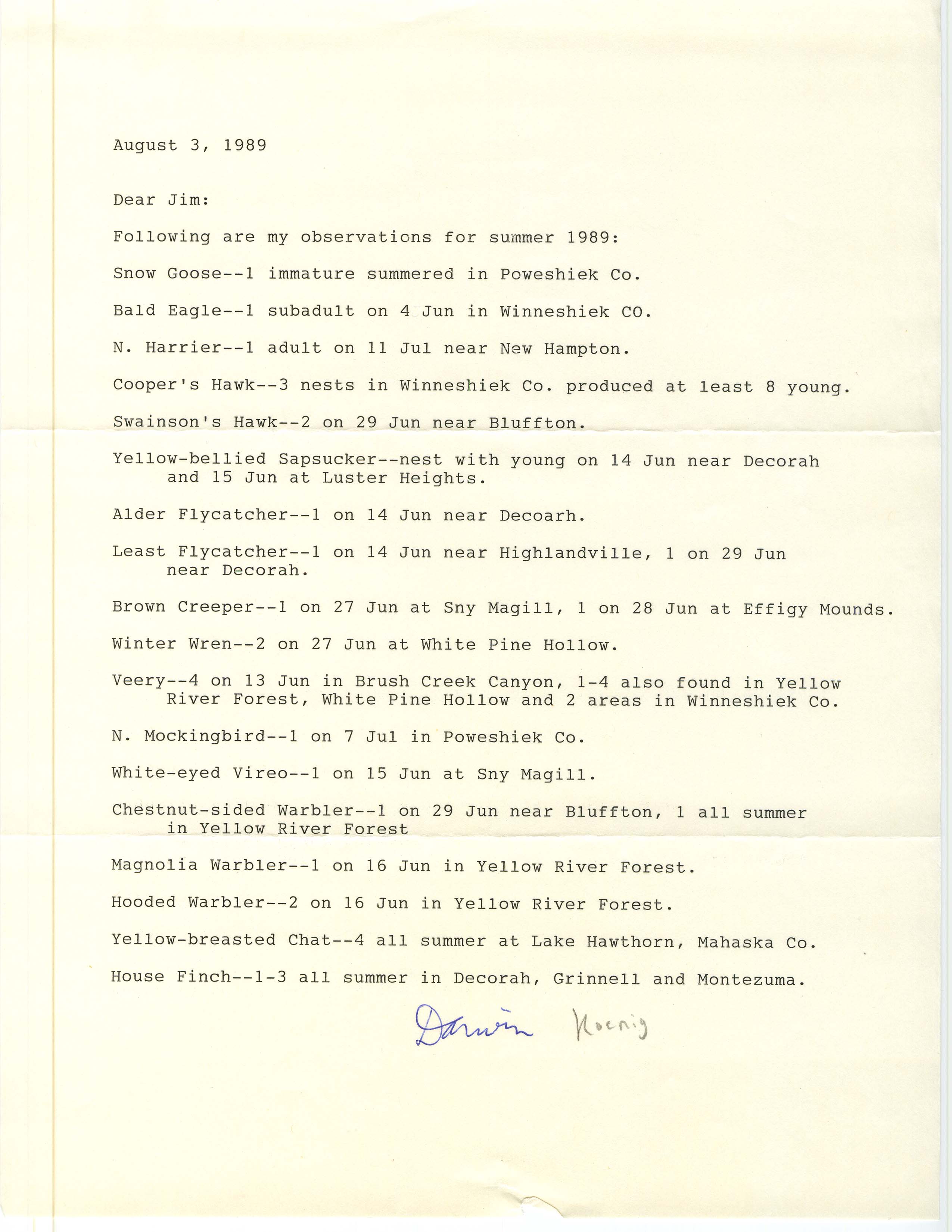 Darwin Koenig letter to James J. Dinsmore regarding summer bird sightings, August 3, 1989