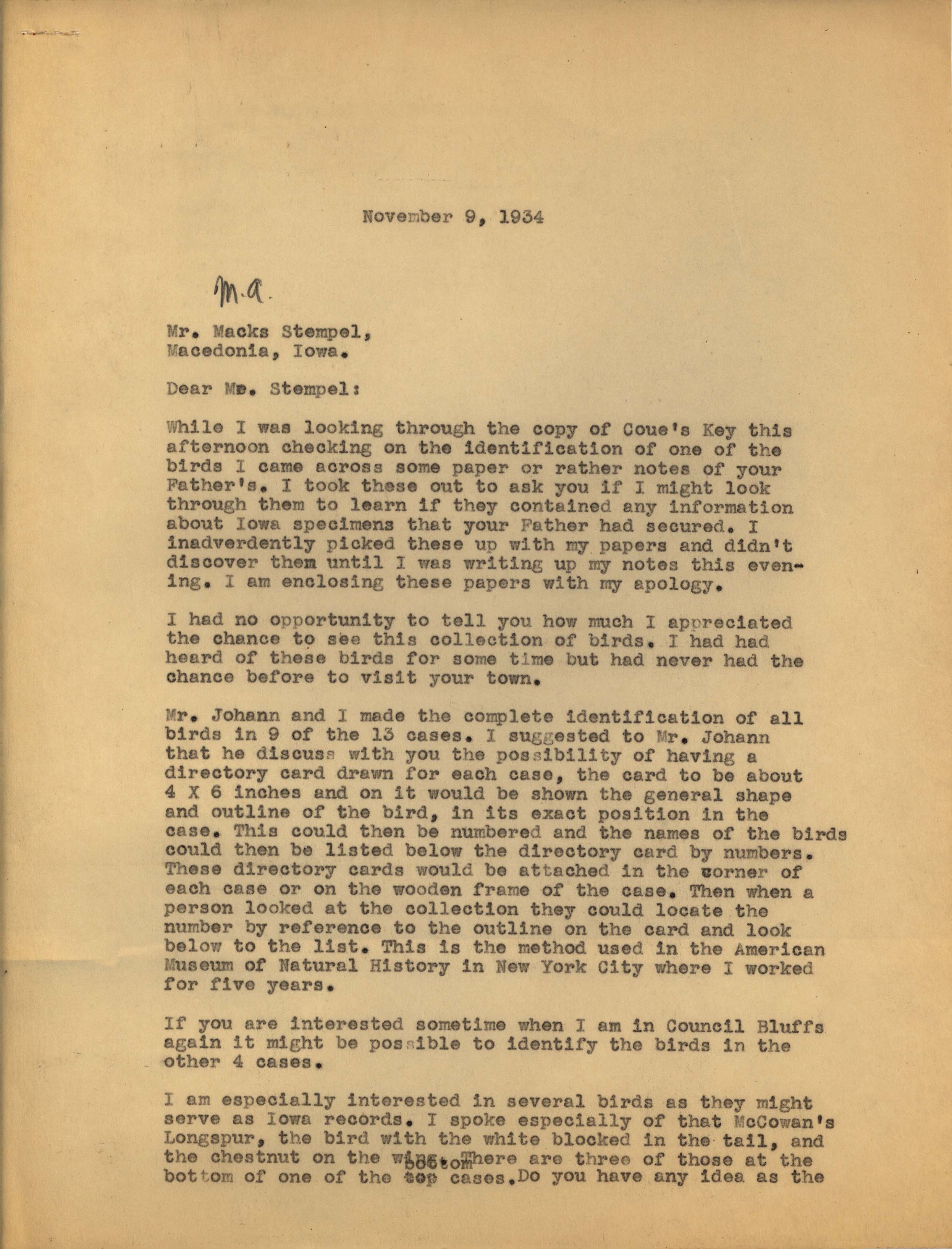 Philip DuMont letter to Max Stempel regarding records for the Stempel collection, November 9, 1934