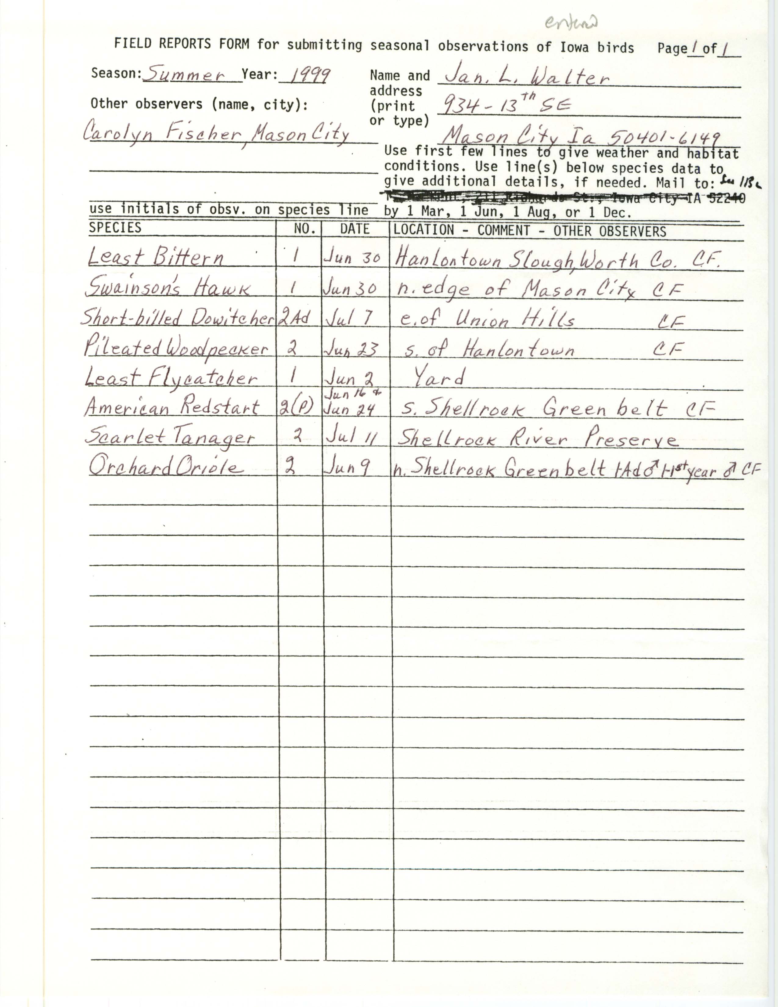 Field reports form for submitting seasonal observations of Iowa birds, summer 1999, Jan Walter