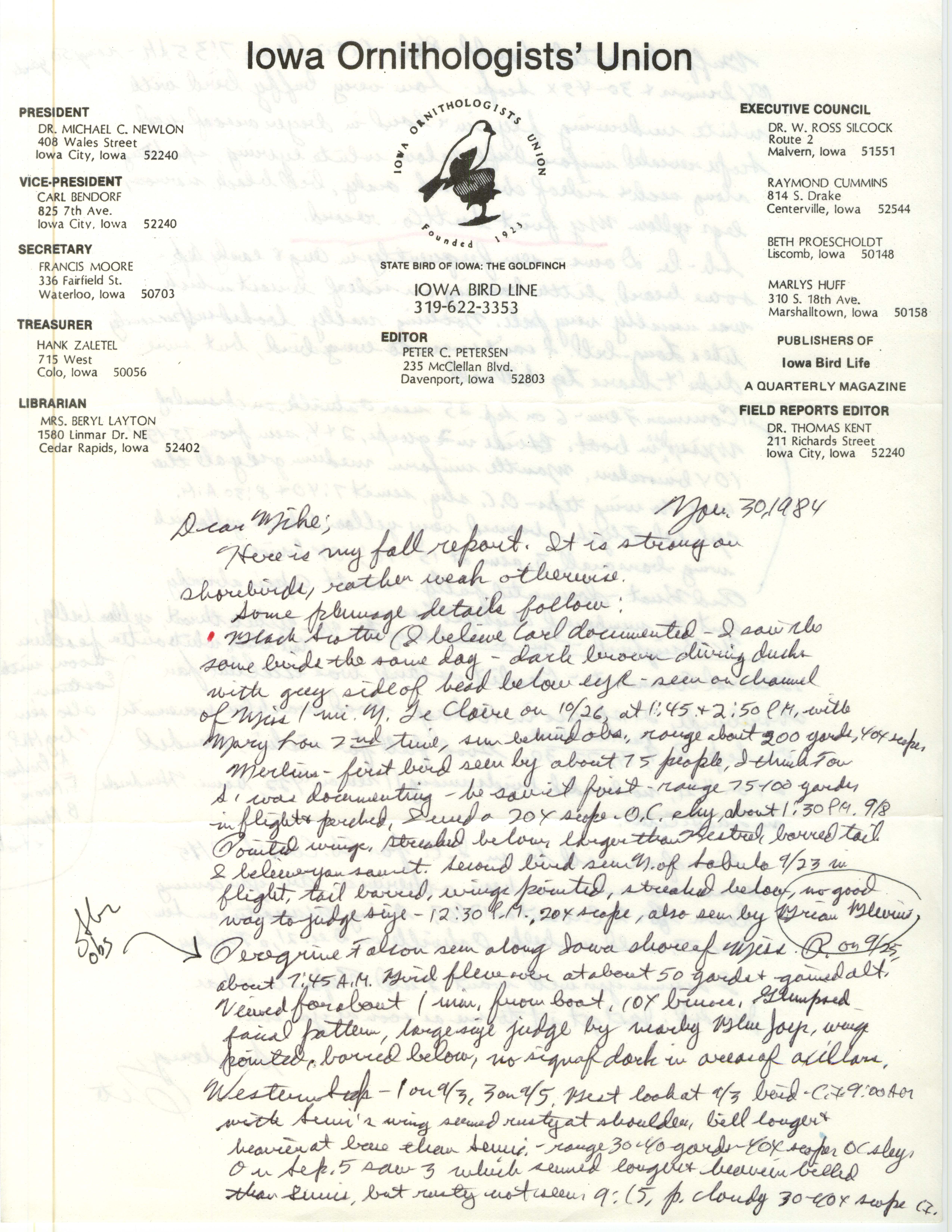 Peter C. Petersen letter to Michael C. Newlon regarding fall birds sighted, November 30, 1984