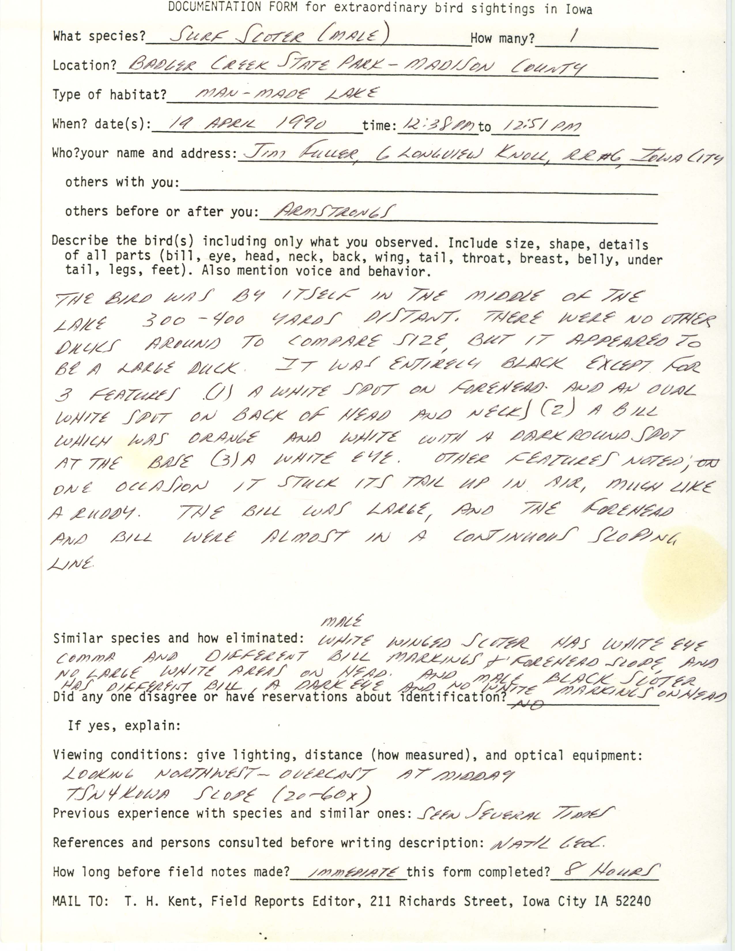 Rare bird documentation form for Surf Scoter at Badger Creek State Park, 1990