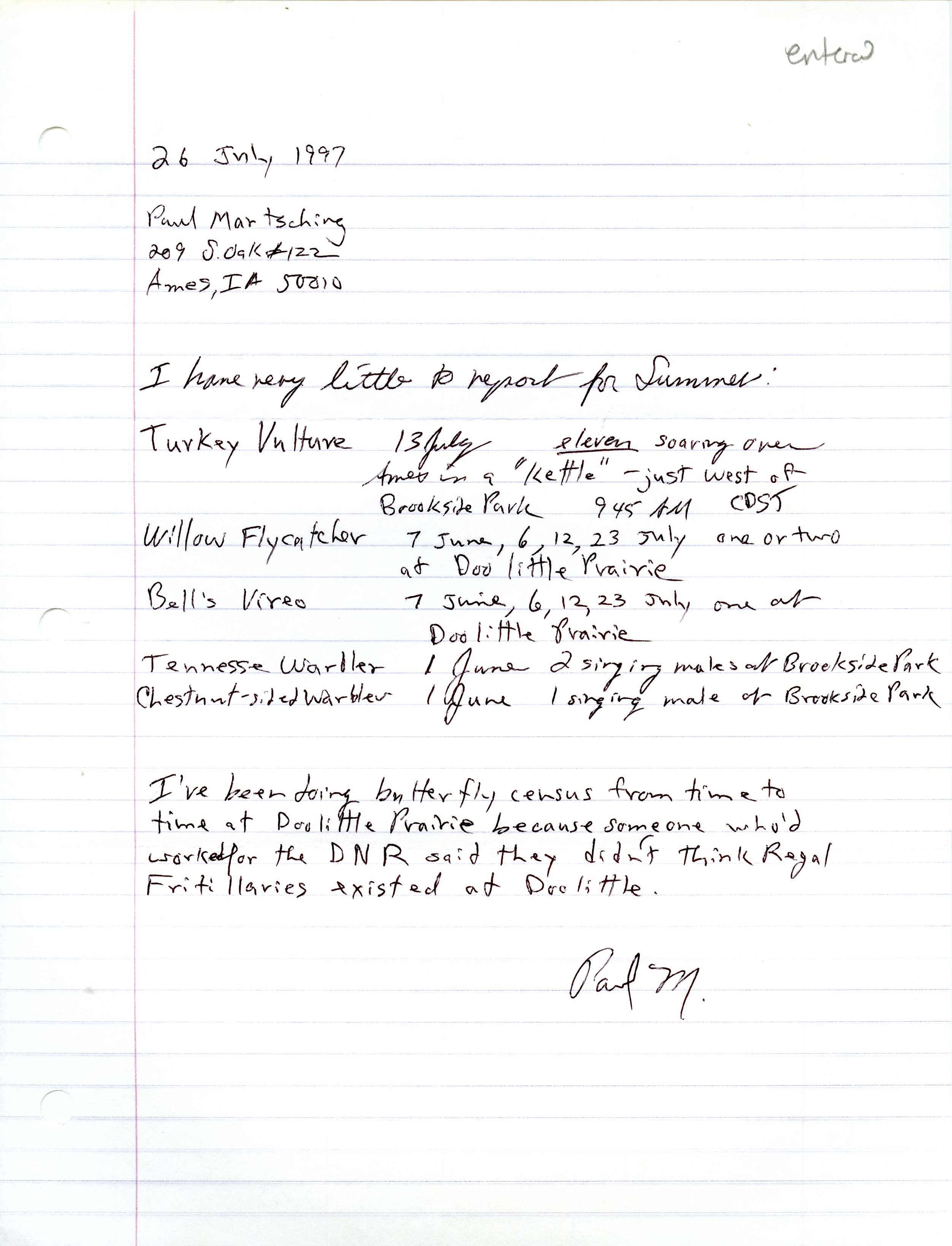 Field notes contributed by Paul Martsching, July 26, 1997
