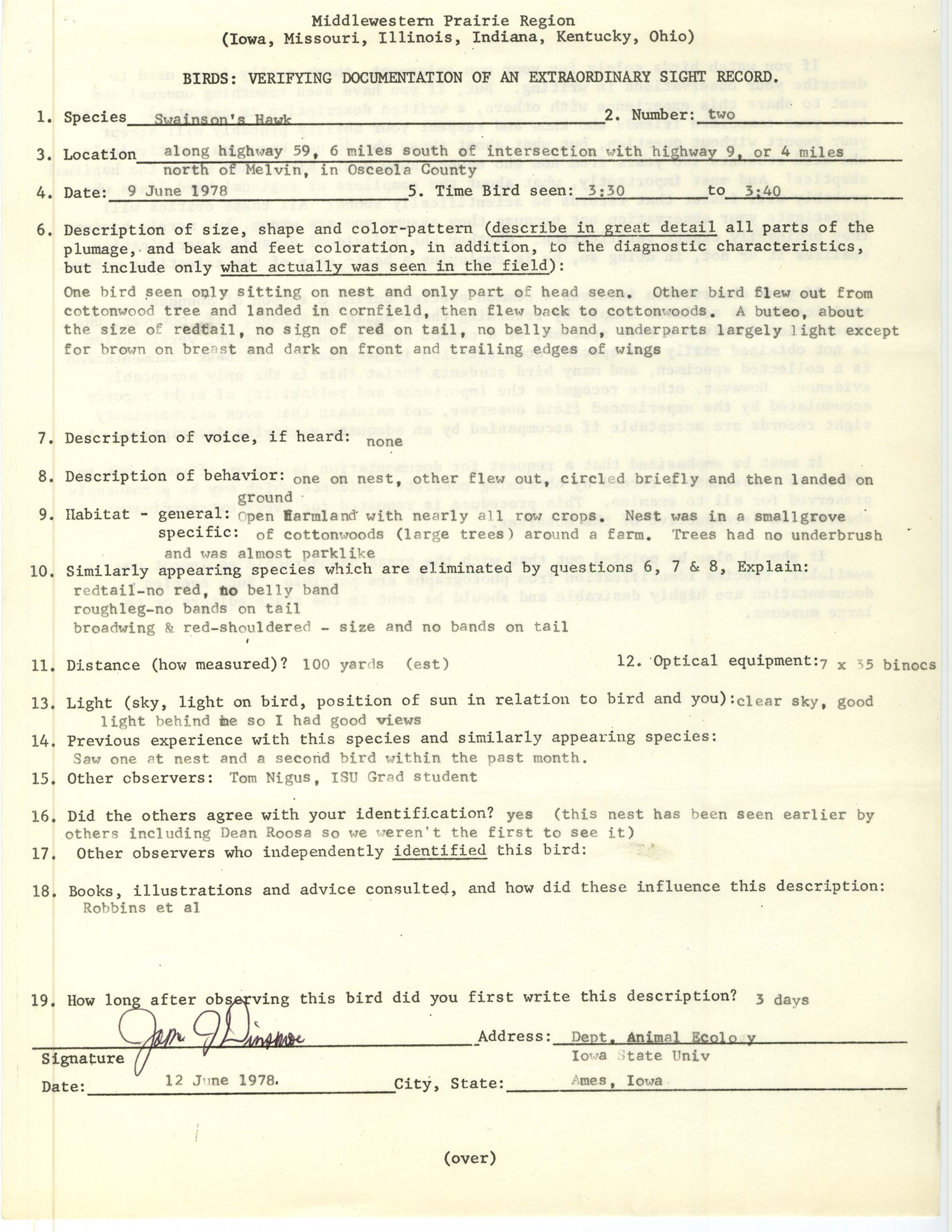 Rare bird documentation form for Swainson's Hawk near Melvin, 1978