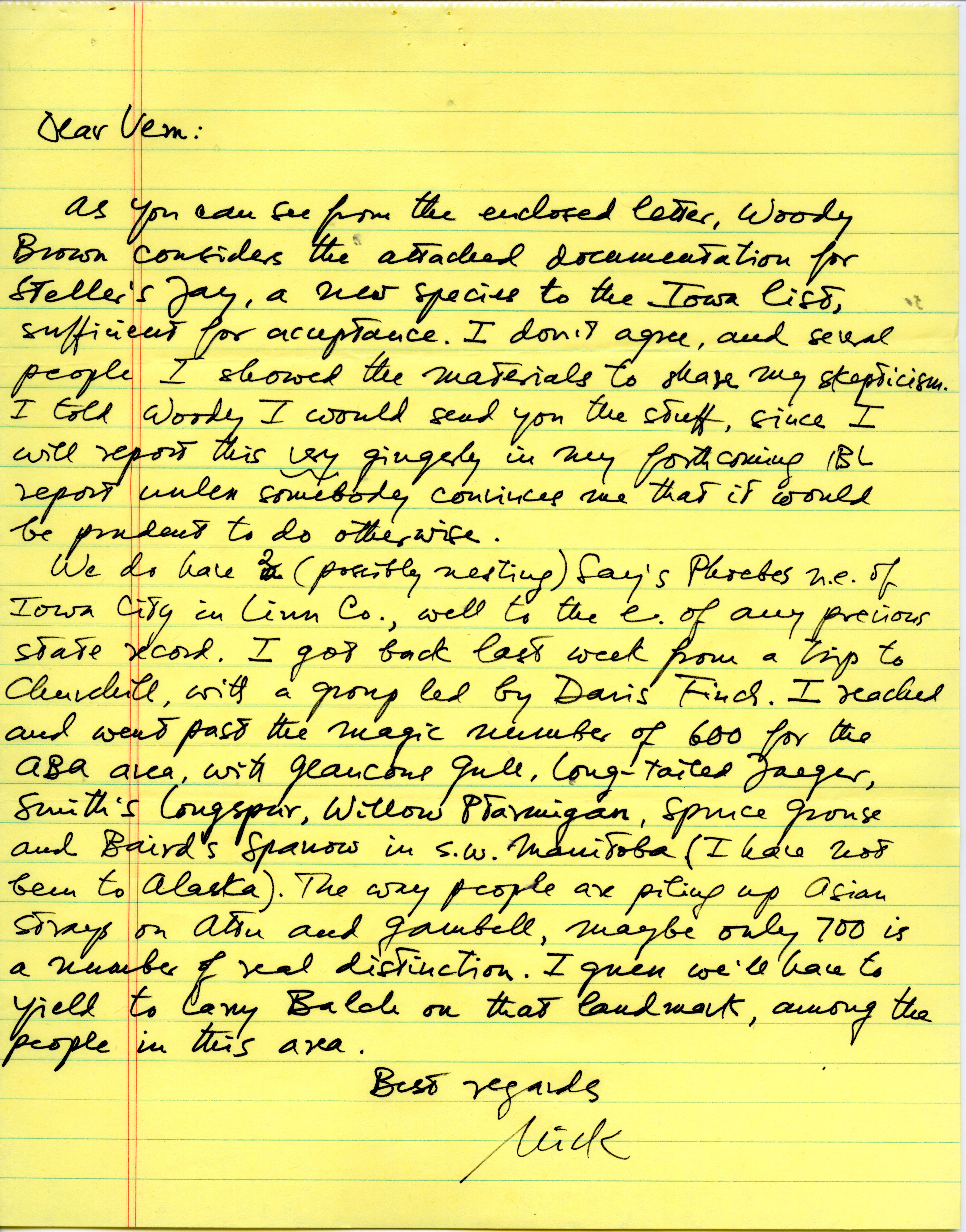 Nicholas S. Halmi letters to Vernon M. Kleen regarding bird sightings and publication of summer report