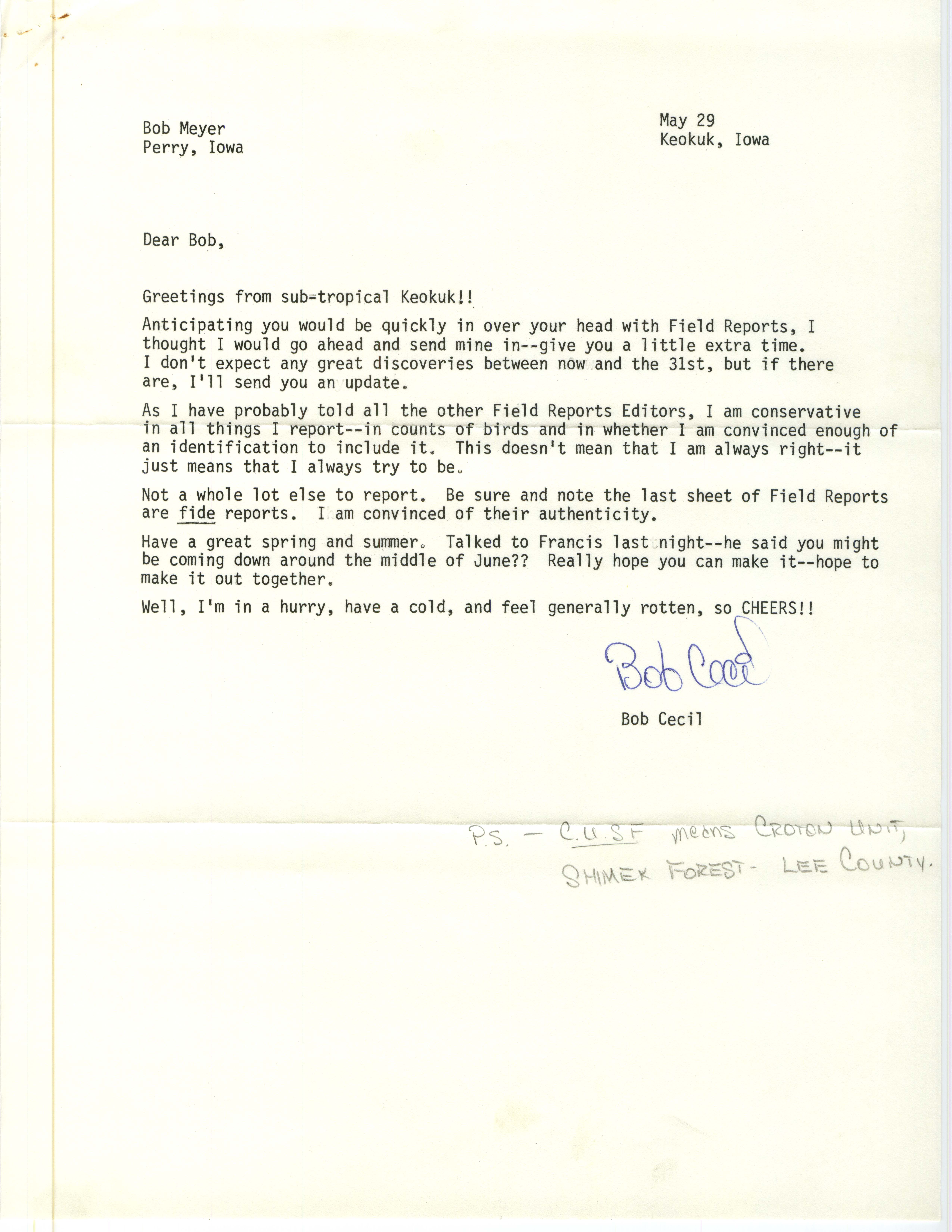 Robert Cecil letter to Robert Myers regarding Spring Field Report, May 29, 1986