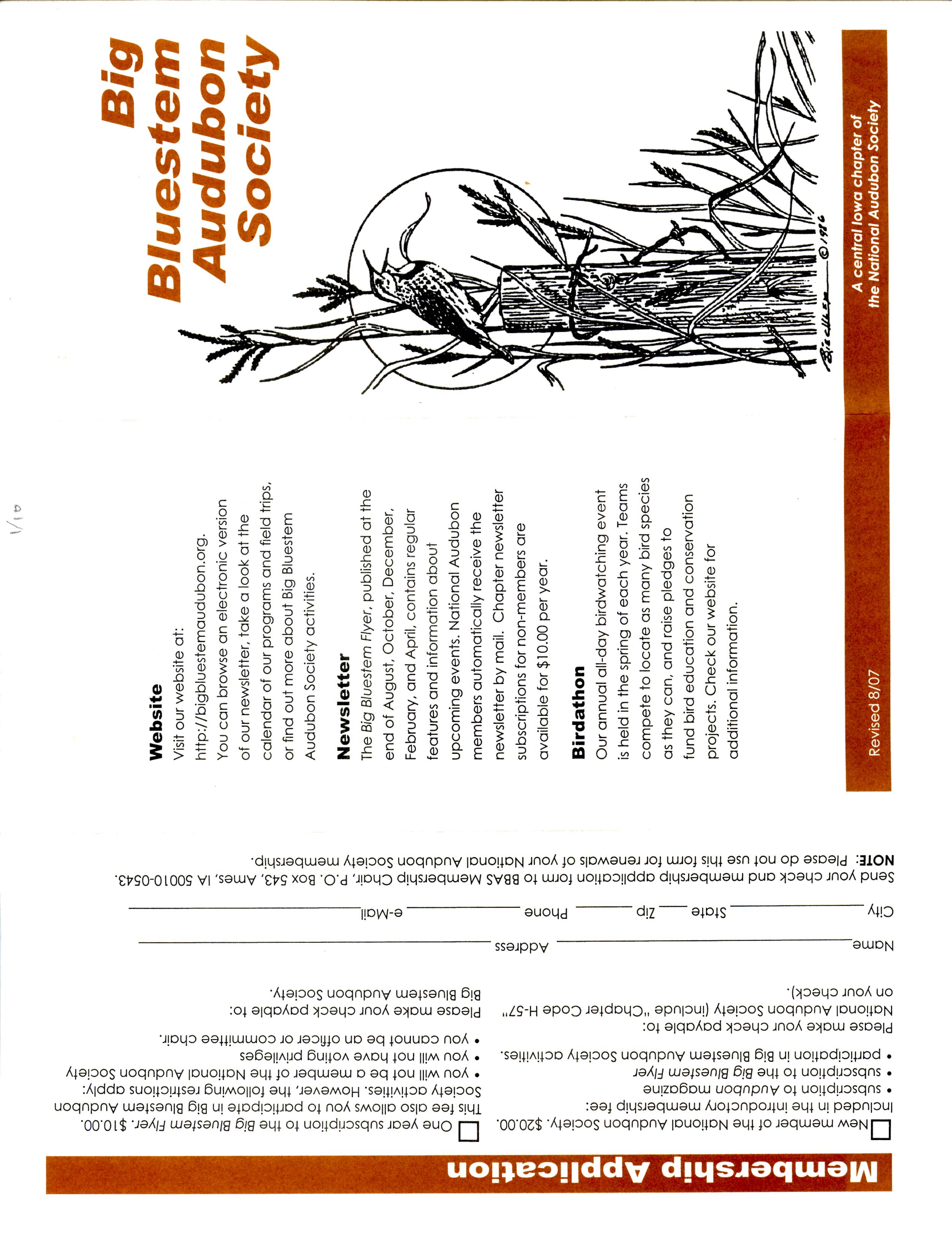 Big Bluestem Audubon Society brochure and membership application