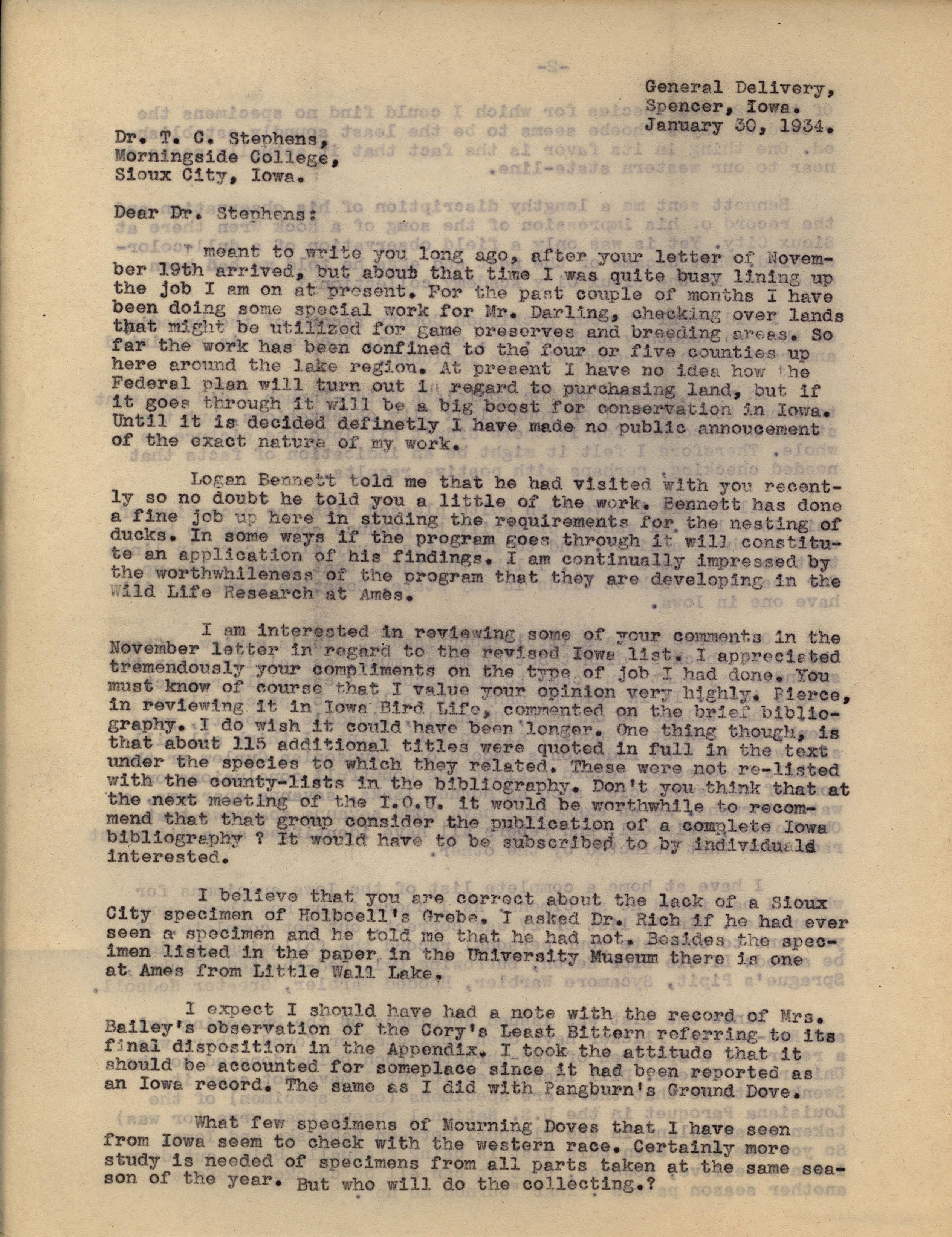 Philip DuMont letter to Thomas Stephens regarding questionable birds in the Revised List of Iowa Birds, January 30, 1934