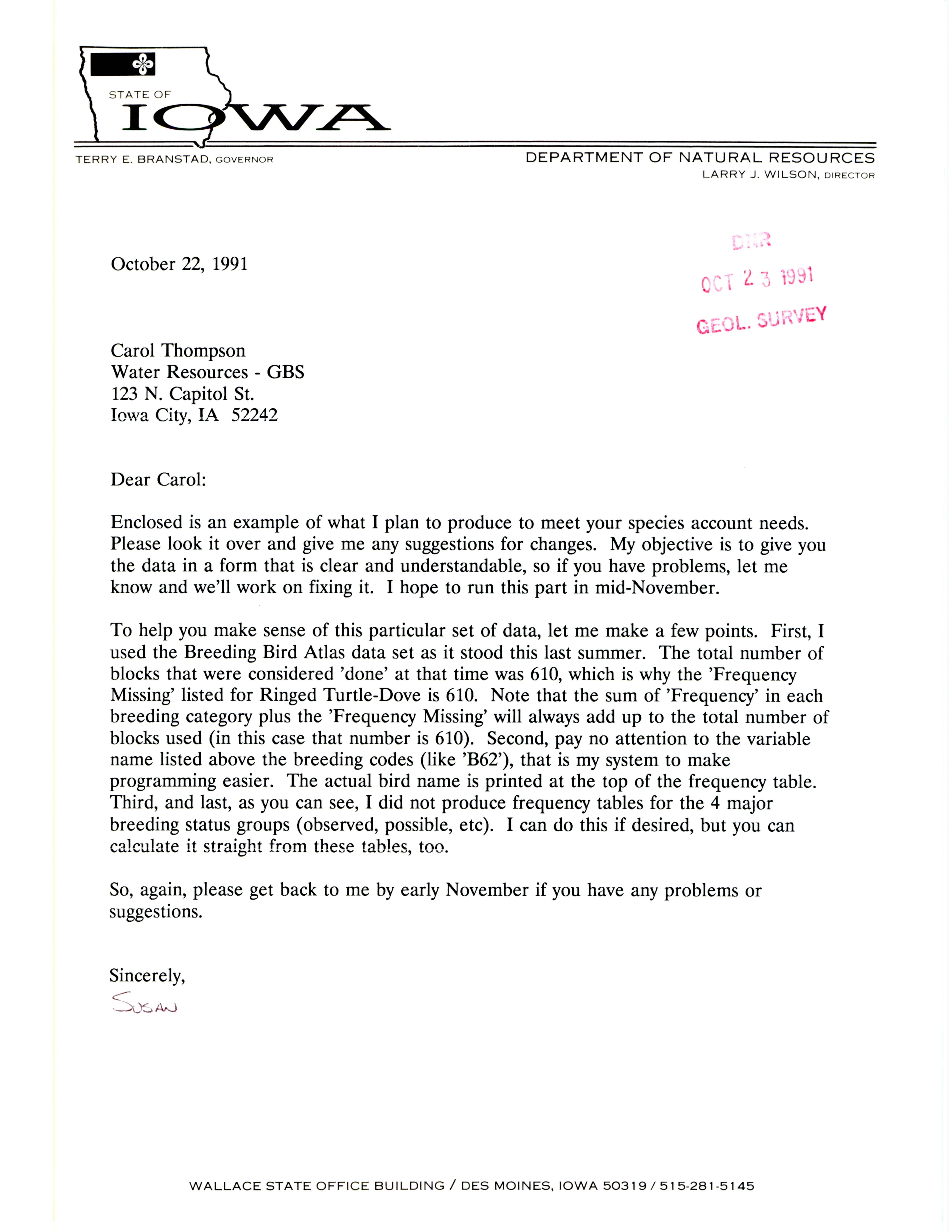 Letter to Carol A. Thompson regarding work on Breeding Bird Atlas, October 22, 1991