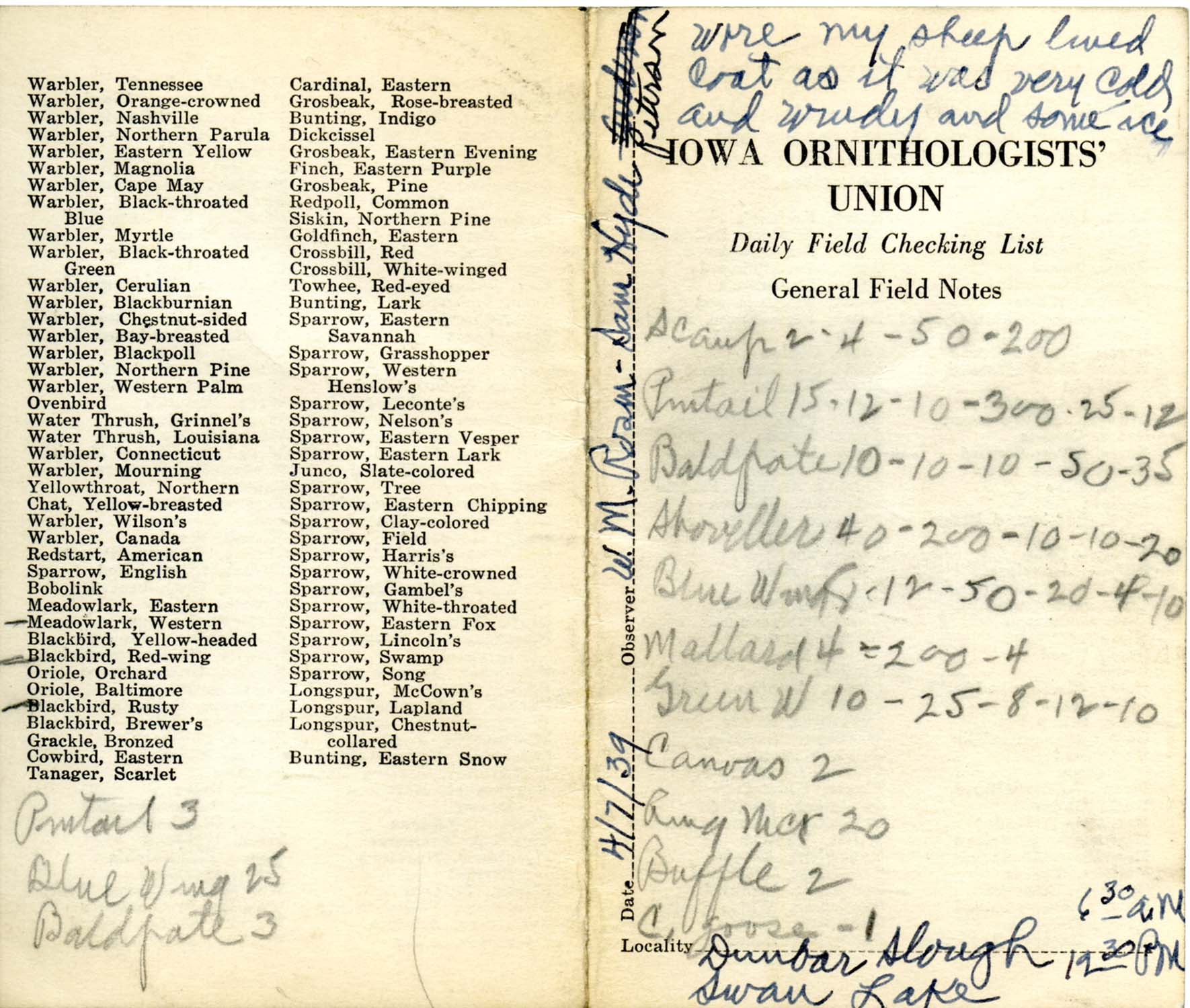 Daily field checking list by Walter Rosene, April 7, 1939