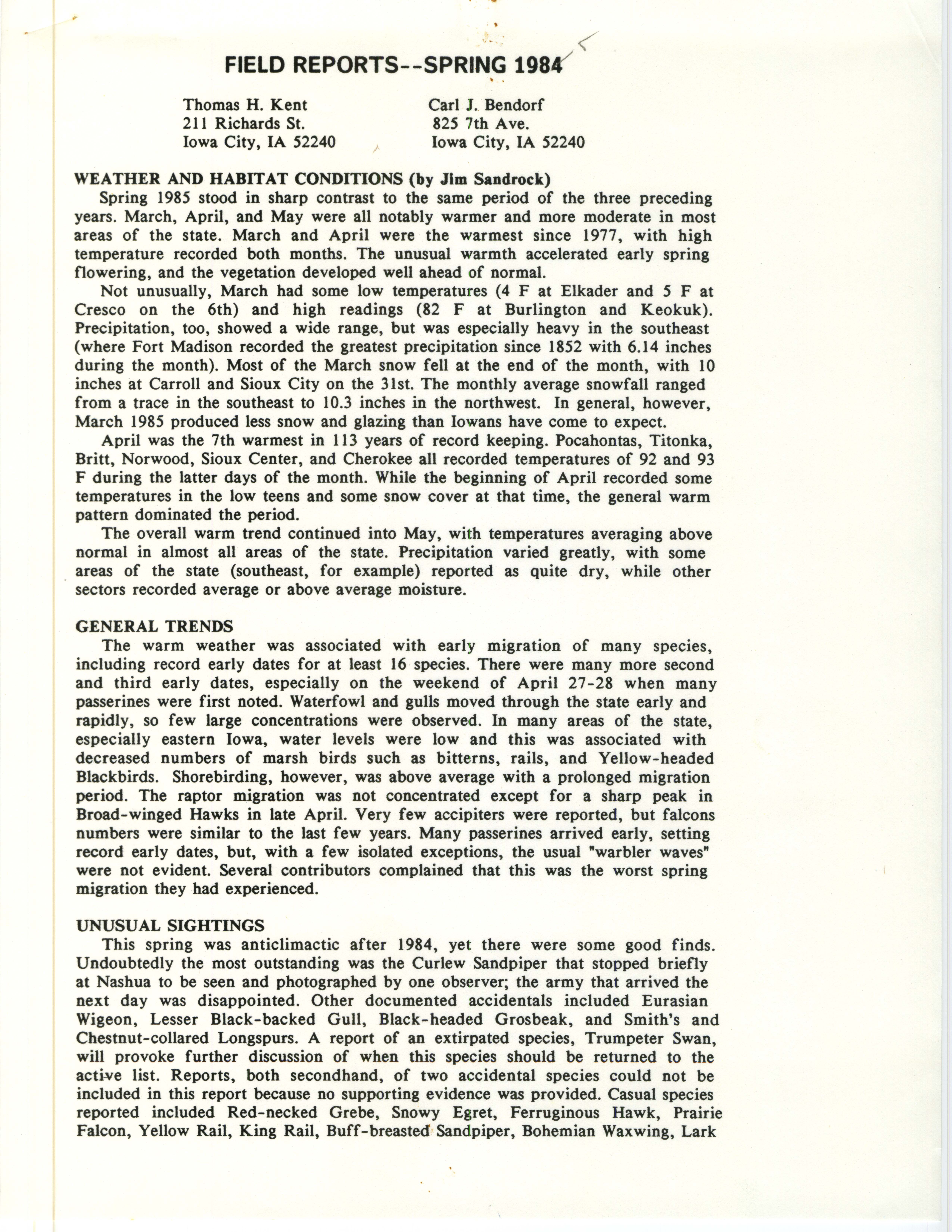 Iowa Ornithologists' Union, Quarterly field report, spring 1985