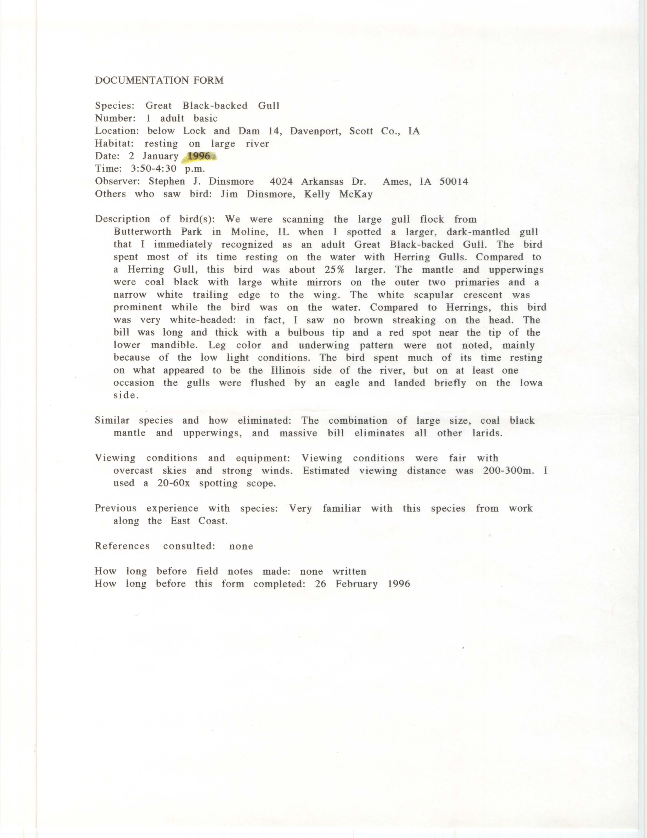 Rare bird documentation form for Great Black-backed Gull at Lock and Dam 14, 1996