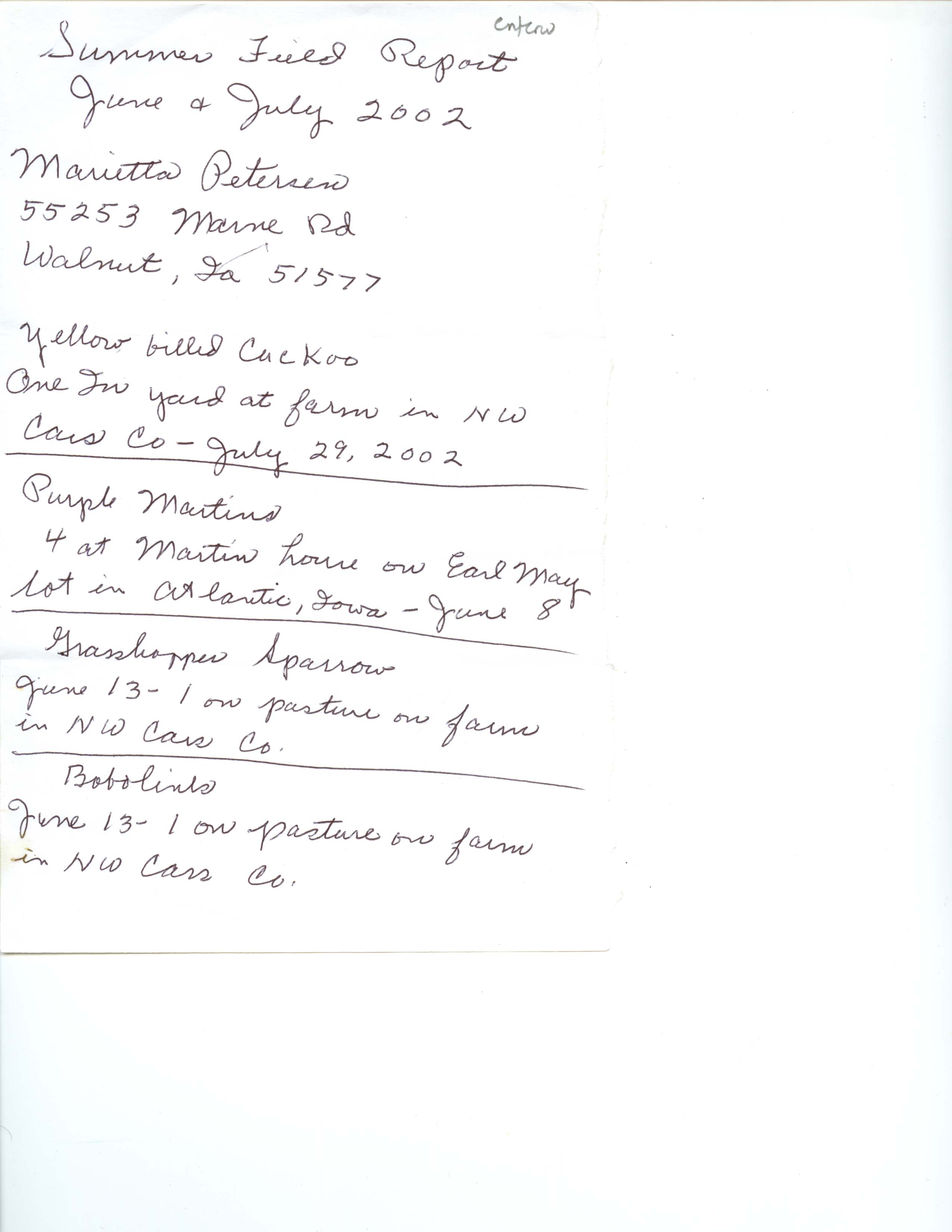 Field notes contributed by Marietta A. Petersen, summer 2002