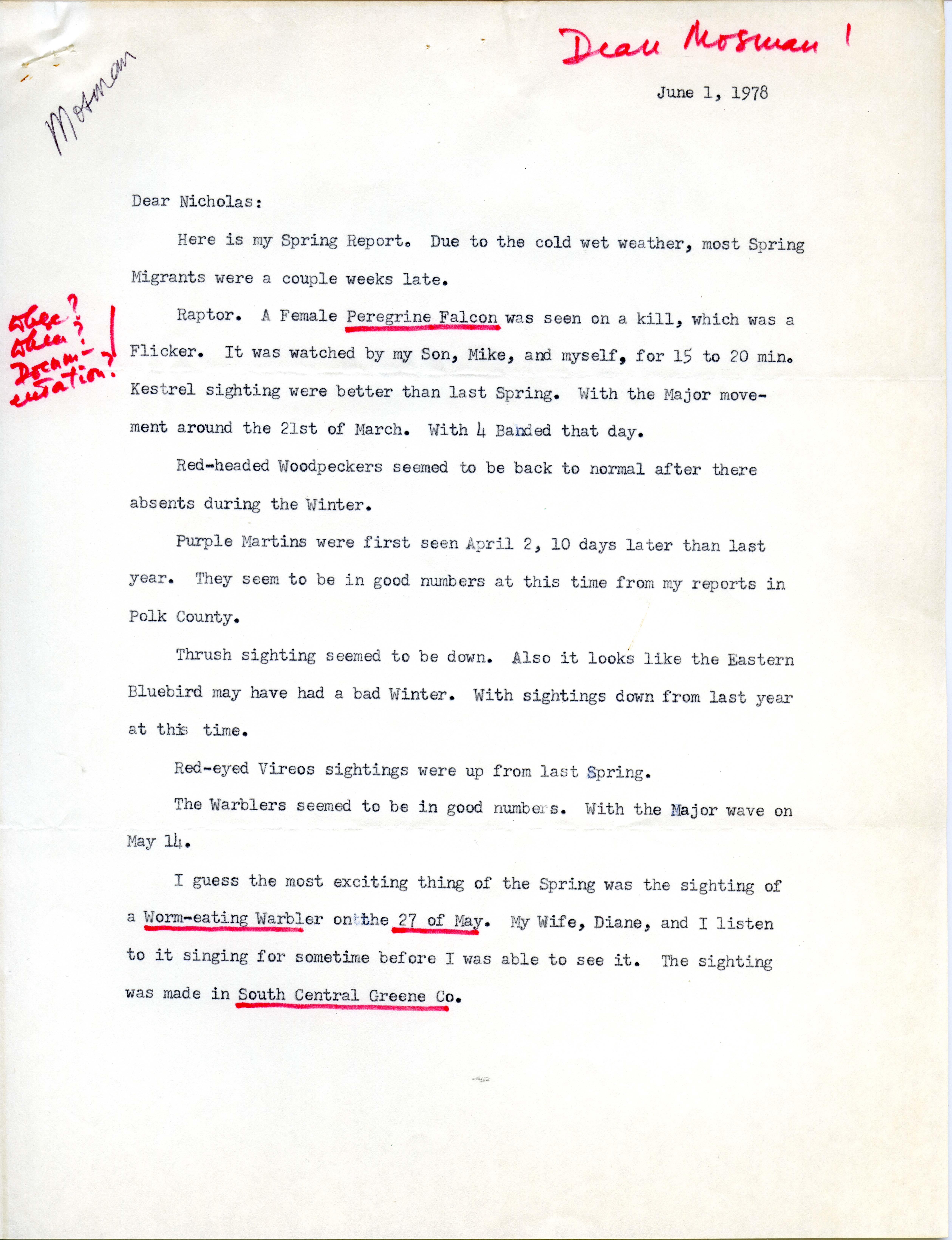 Dean Mosman letter to Nicholas S. Halmi regarding bird sightings, June 1, 1978