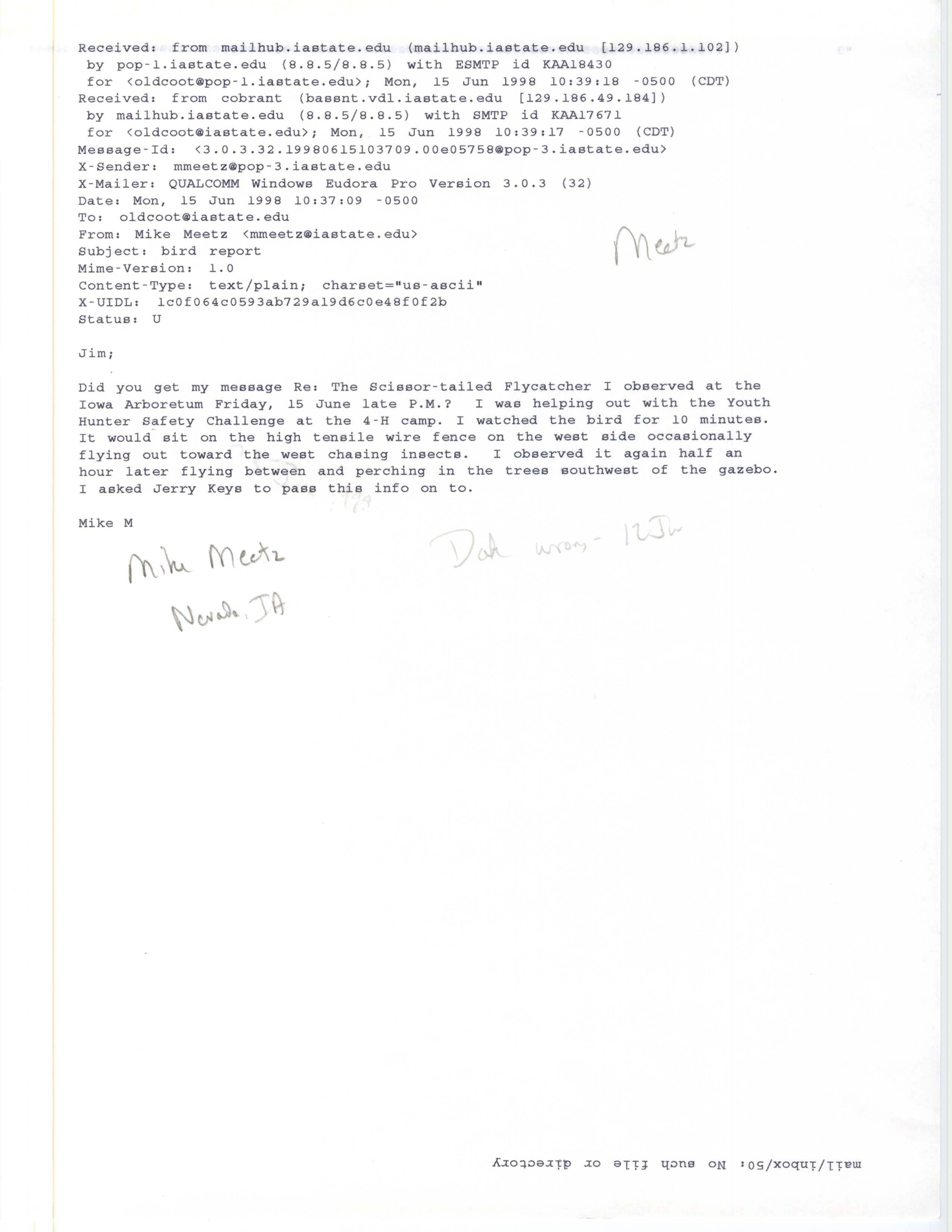 Mike Meetz email to Jim Dinsmore regarding Scissor-tailed Flycatcher sighting, June 15, 1998